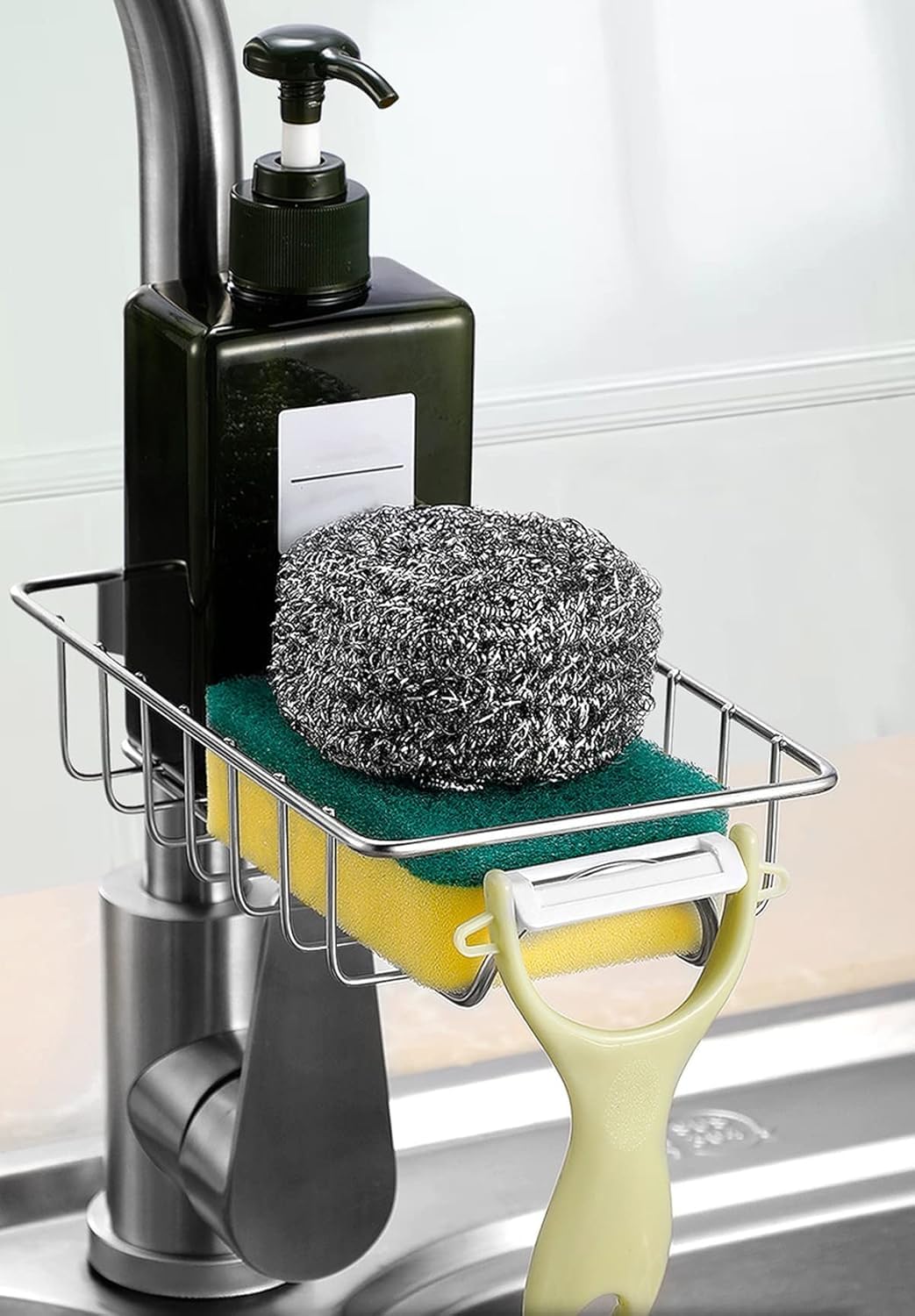 HIMJA Kitchen Sink Organizer Wash Basin Storage Shelf Stainless Steel Rack For Dishwasher Liquid Brush, Soap, Sponge Storage Basket (Silver) 2