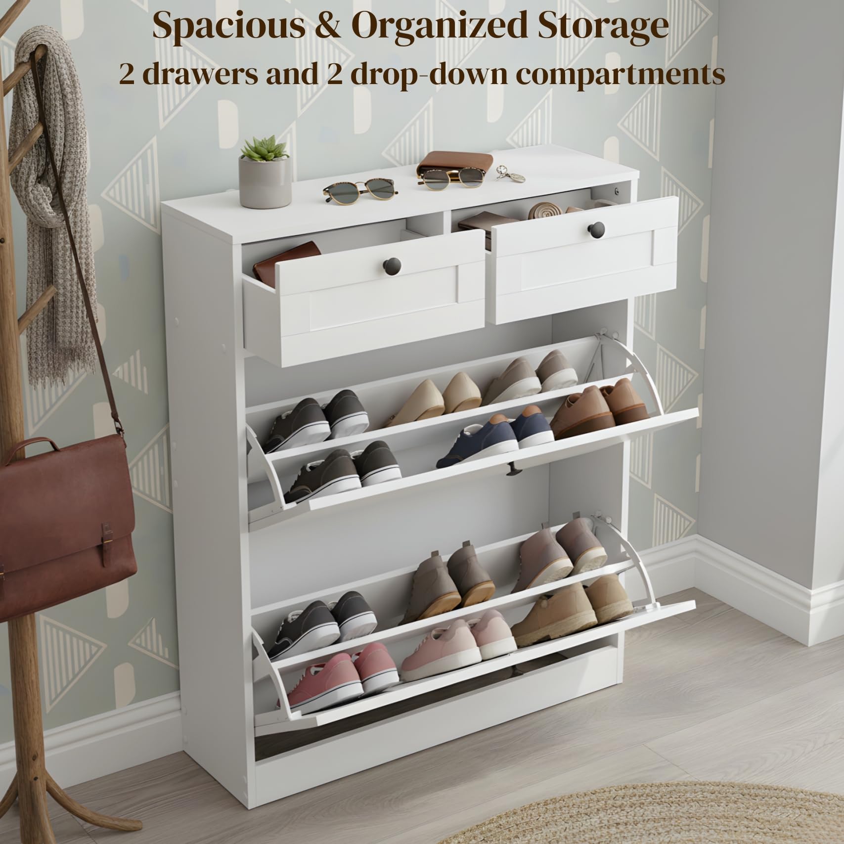 2er-Set Schuhschrank Schmal, Schuhkipper Weiss Schmal mit 2 Klappen & 2 Schubladen, Schuhregal Weiß mit verstellbaren Trennwände, Schuhkommode für Flur Eingang und Wohnzimmer, 80x24x100 cm