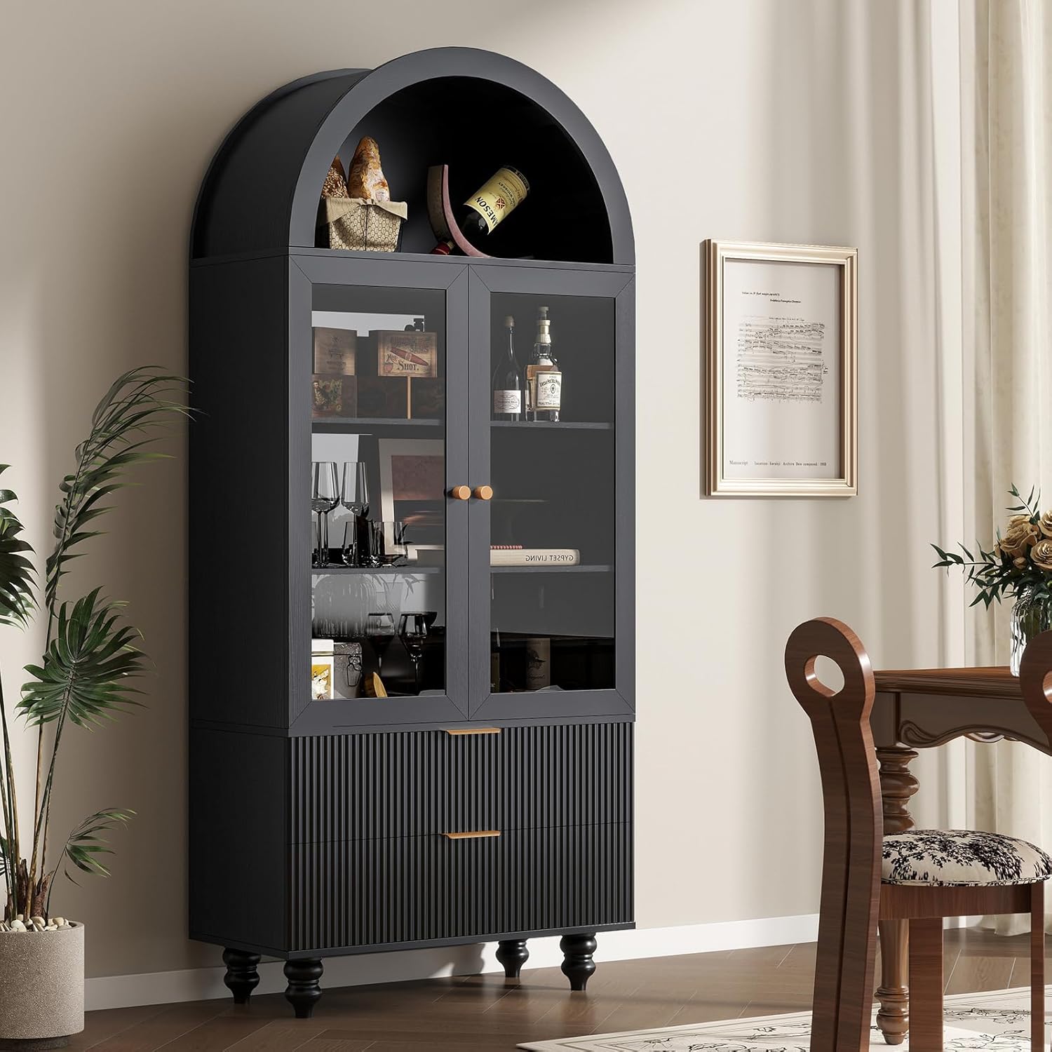 Nasonet 71" Tall Arched Pantry Cabinet with Glass Door, Fluted Kitchen Storage Cabinets with Shelves and Large Drawers, Wooden Buffet Cabinet Credenza for Living Room, Entryway, Coffee Station, Black