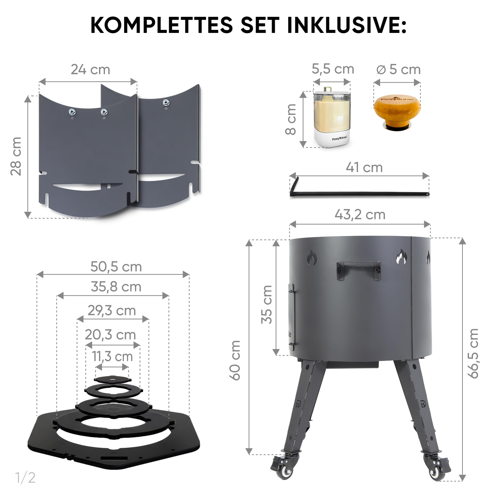 Gusseisen Kazan 16L mit Utschak Feuerofen Ø 44cm | Kasan-Set Runder Boden Deckel | Учаг Feuerschale Gulaschkanone | Wok Usbekisch Kochtopf (Eckige Ofenplatte)