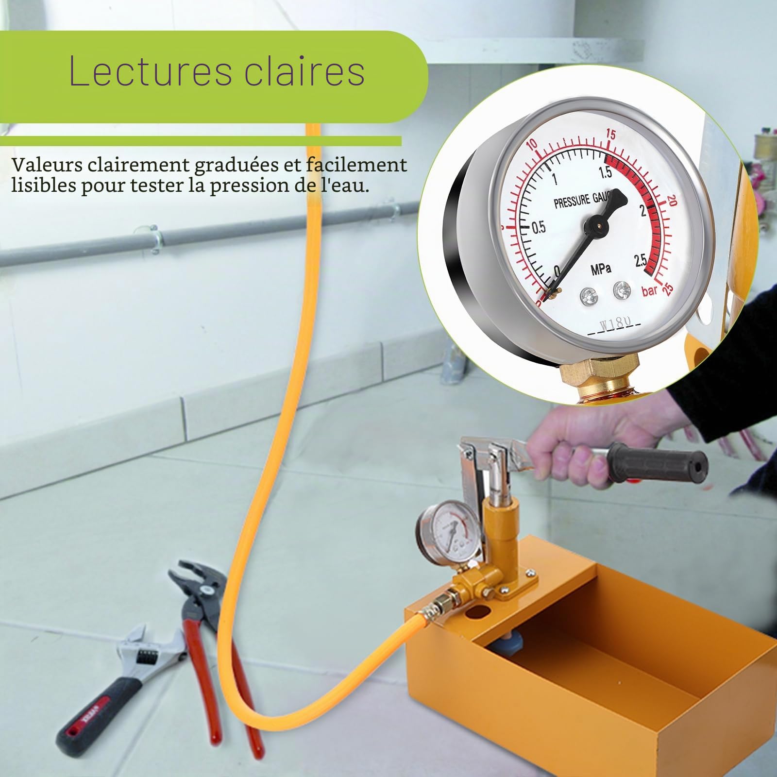 Gueenky Pompe d'épreuve Manuelle 6 L, 25Bar Pompe d'Essai de Pression avec Tuyau Haute Pression 1/2" Pompe de Test en Fonte d'Aluminium pour Contrôle d'Etanchéité de l'Eau des Tuyaux de Chauffage