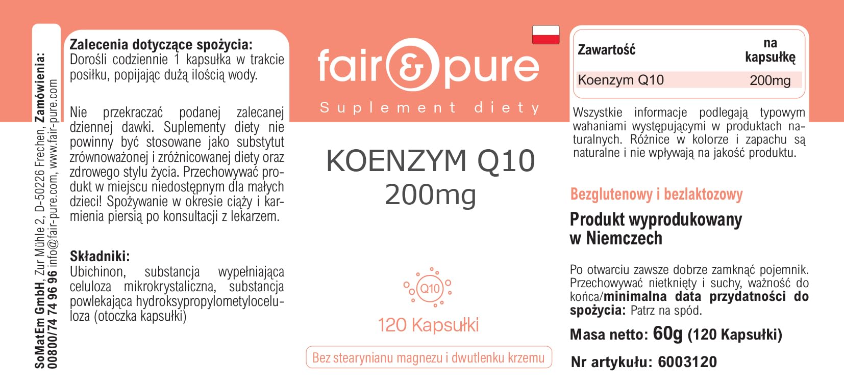 Fair & Pure Co-Enzyme Q10 Capsules 200mg, 120 pièces, complément alimentaire végétalien sans additifs, fabriqué en Allemagne
