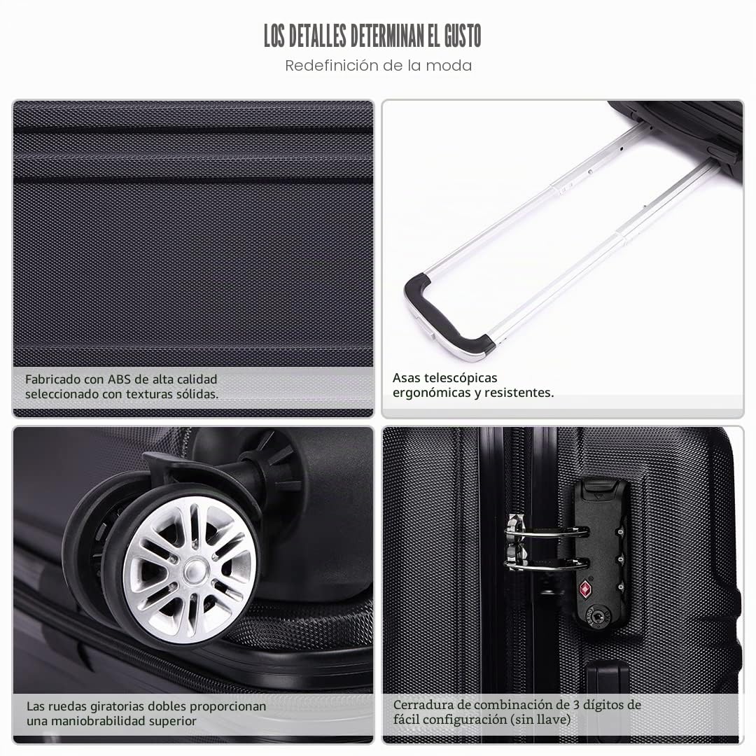Kono Juego Maletas de Viaje Rígida ABS 3 Piezas Trolley Maleta Equipaje de Mano con 4 Ruedas y Cerradura de Combinación TSA 52/65/75cm (Cabina/Mediana/Grande, Negro)