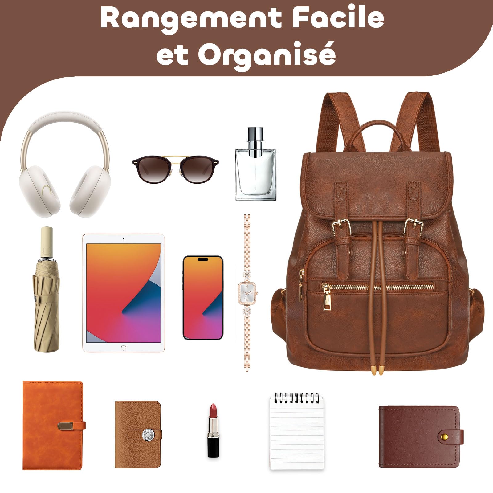 Leathario Petit Sac a Dos Femme, Sacs à Main Portés Dos Femme Antivol Léger Backpack Loisirs Casual en Cuir Vegan pour Voyage L'école Travail Université Collège Shopping