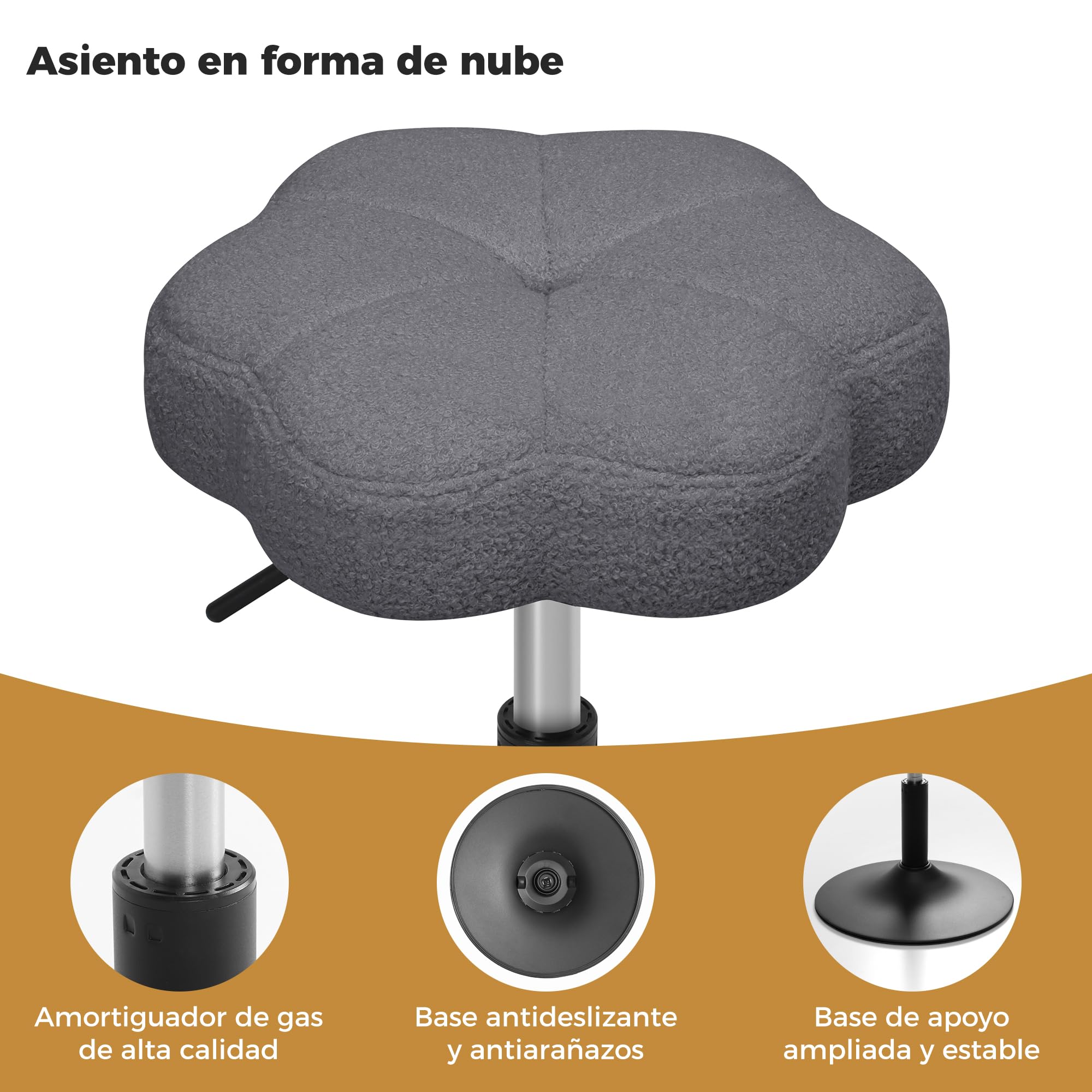 ELUCHANG Taburete de Tocador en Forma de Pétalo, Silla Tocador Maquillaje para Dormitorio - Altura Ajustable 40-52cm, Giratorio 360°, Tejido Sherpa Transpirable Gris