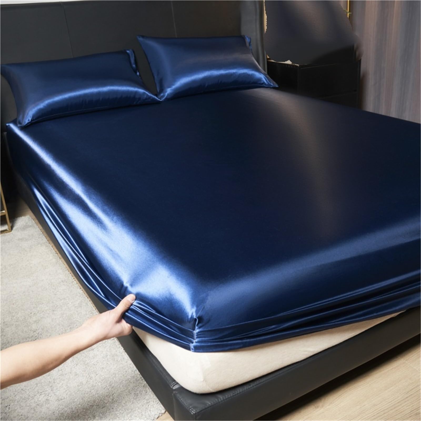 3 stücke Seide Spannbettlaken Kissenbezug Elastische Band Matratze Abdeckung for Home Queen-Size Blätter(F,198 * 203cm*35)
