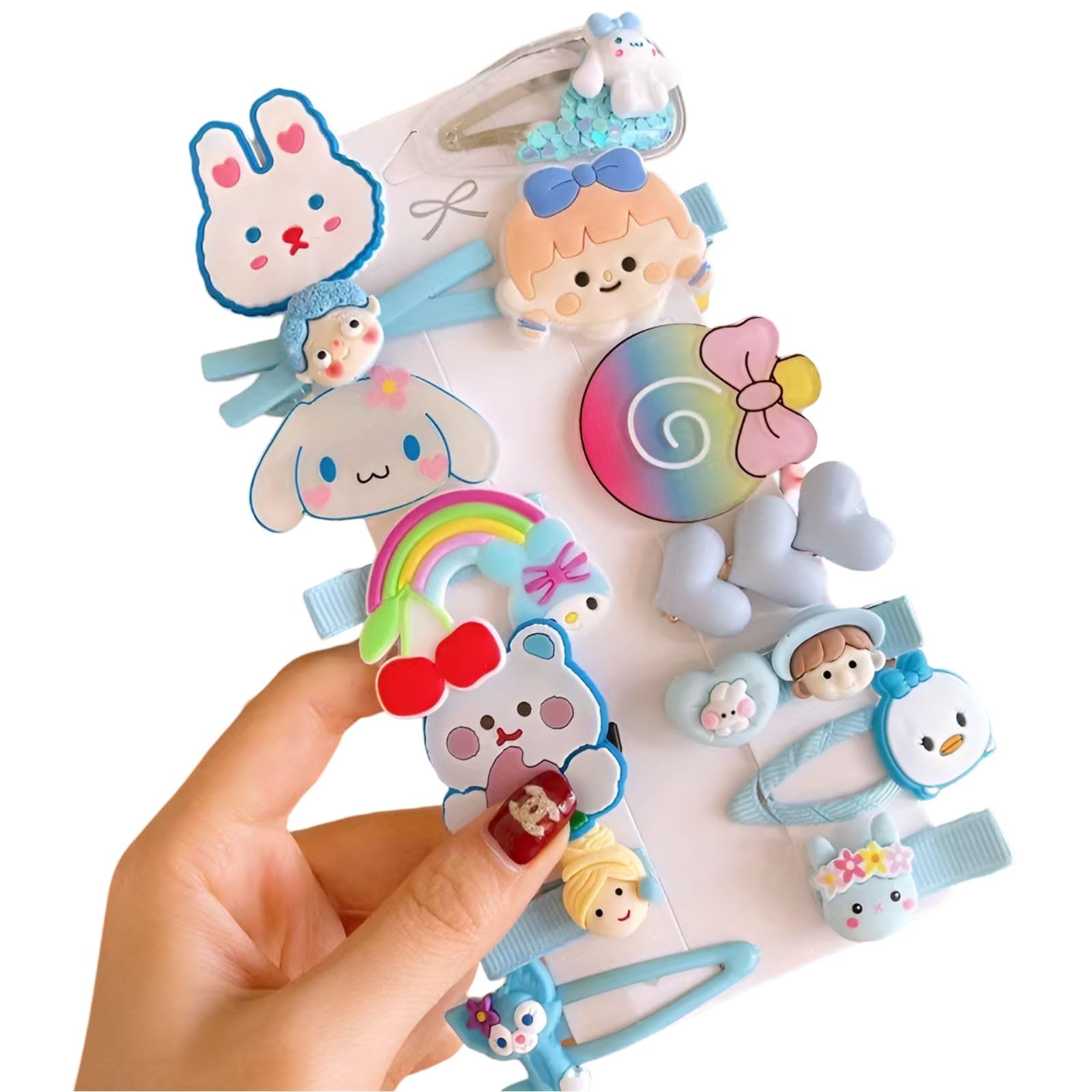 SYGA 14-Piece Baby Hair Clip Set for Girls Cute Cartoon & Floral Patterns Hair Pin Rainbow, Bunny, Bear, Heart, Cute Cat - Blue-image-20