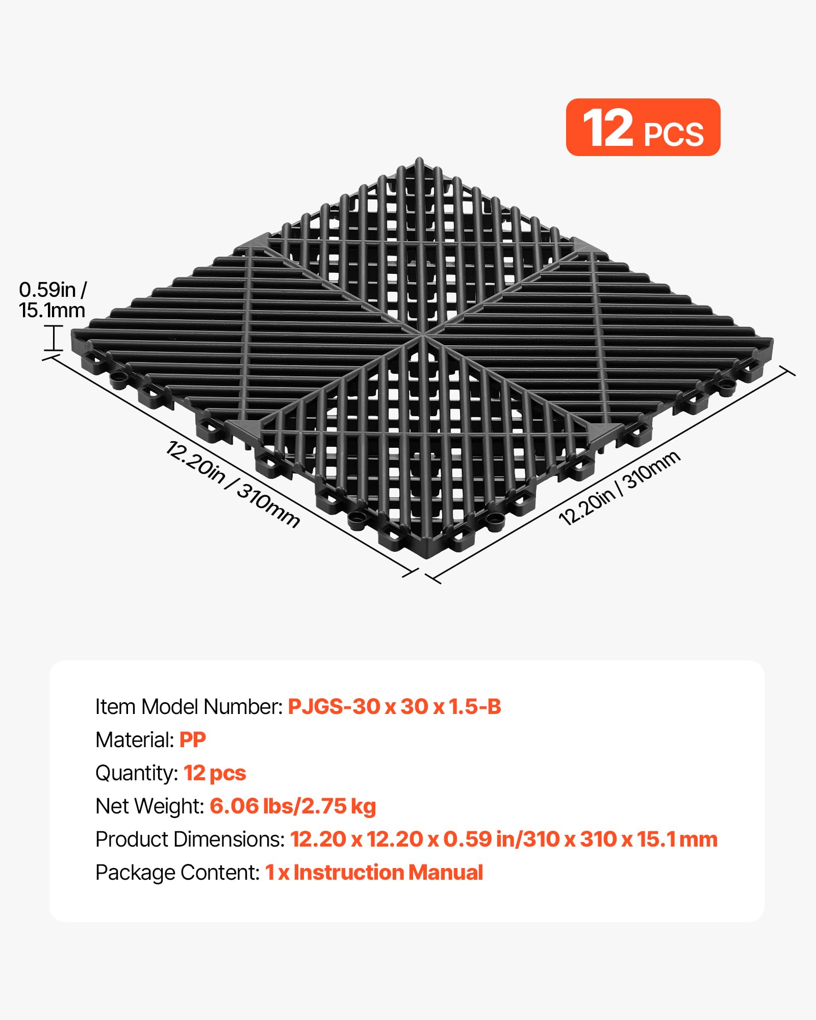 VEVOR Baldosas para Garaje Entrelazadas, 310 x 310 mm, Paquete de 12 Piezas, Azulejos de Drenaje de Polipropileno, Autoventilado, Antideslizante, Suelo Modular para Cocina Piscina Baño, Color Negro