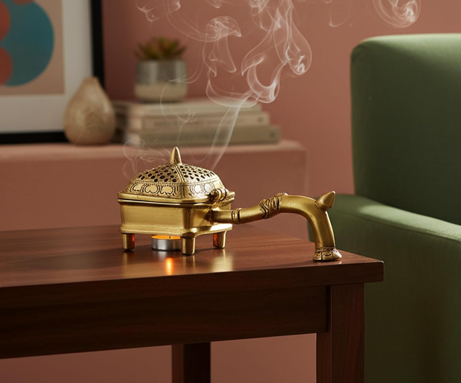 Esplanade Brass Incense Burner Dhoop Dani Stand with Handle- 15 Cms(Square)
