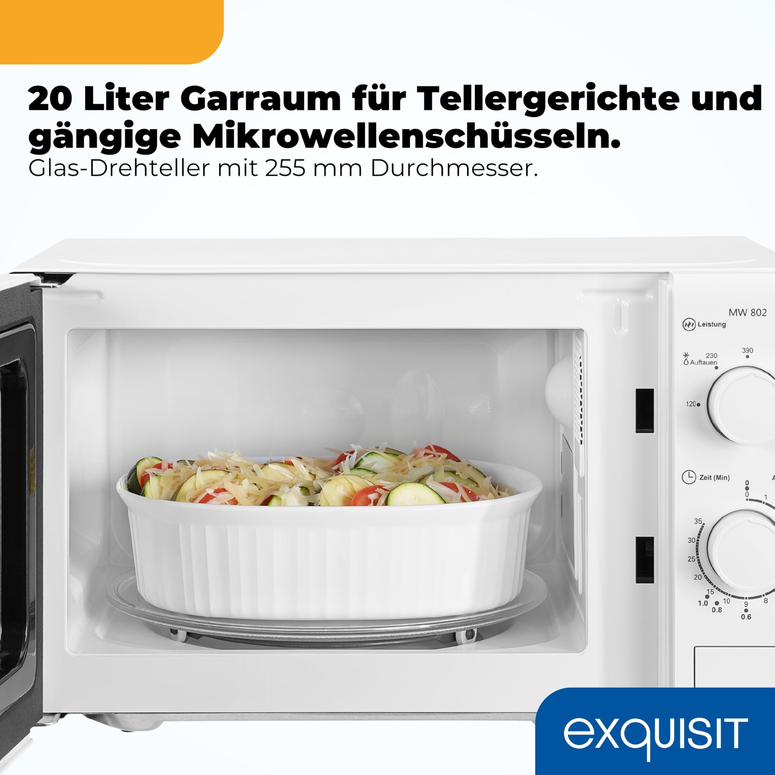 Exquisit Mikrowelle 700 W 20 L Mechanische Drehregler 5 Leistungsstufen Auftaufunktion Glas-Drehteller 255 mm Weiß