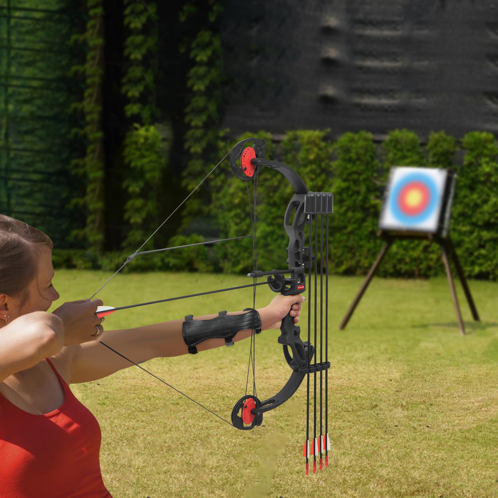 Juego de arco compuesto y flecha, 16-29 libras, peso ajustable para juventud, arco, con una visera de un pin con libélula y una almohadilla de flecha, para adolescentes y niños — view 6