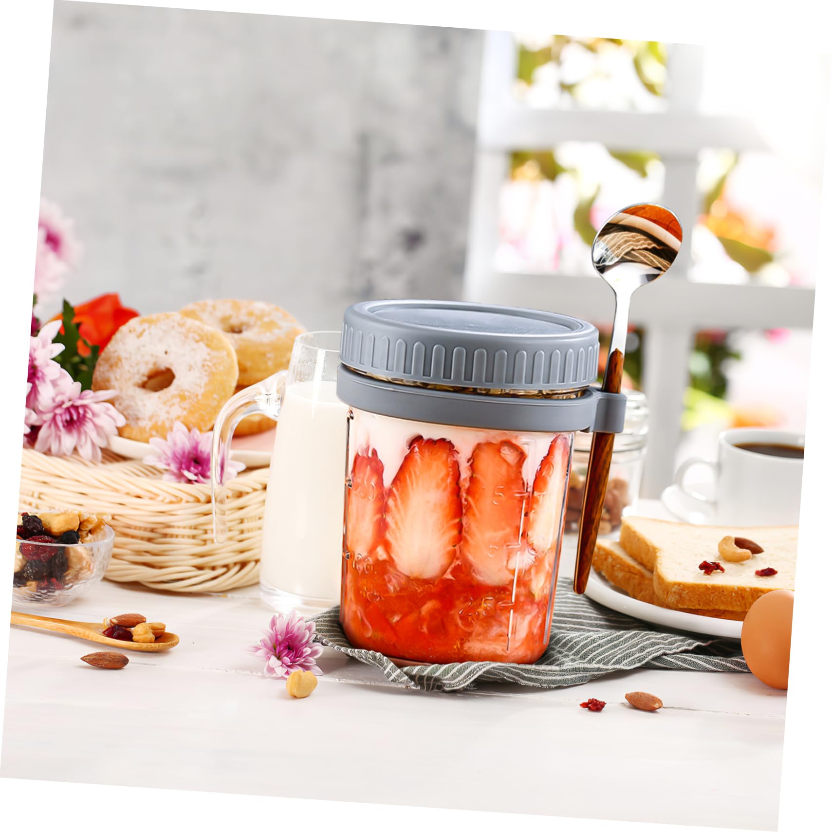 Cabilock Tarros Mason de 400ml con Tapa y Cuchara, 4 Piezas | Vidrio y Silicona, Cierre Hermético a Prueba de Fugas, Uso en Oficina y Dormitorio