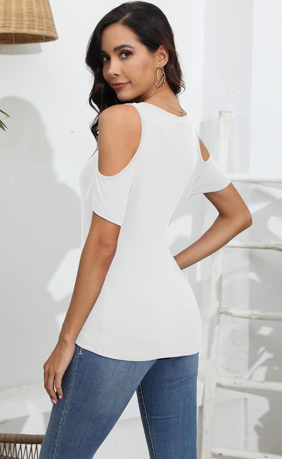 Soesdemo Women Summer Tops Scoop Neck Cold Shoulder Short Sleeve 2024 Loose Fit Basic Tee Shirts - Image 4
