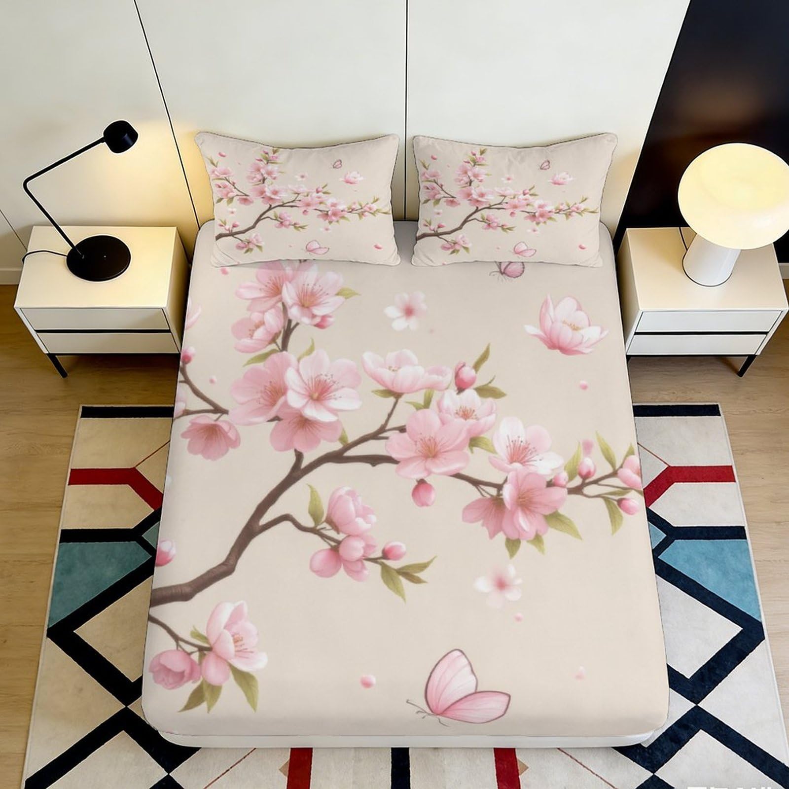 3D Printed Cherry Blossom Fitted Sheet Microfiber Bedroom Decor Butterfly Mattress Cover Soft Breathable Washable 90x200x25cm