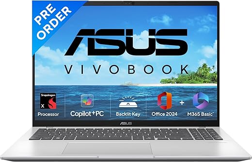 ASUS Vivobook 16, Snapdragon X Processor,(Qualcomm Adreno iGPU/16GB RAM/512GB SSD/Windows 11 Home/MS Office 365 Basic (1Year)*/16″ FHD+/AI PC/Cool…