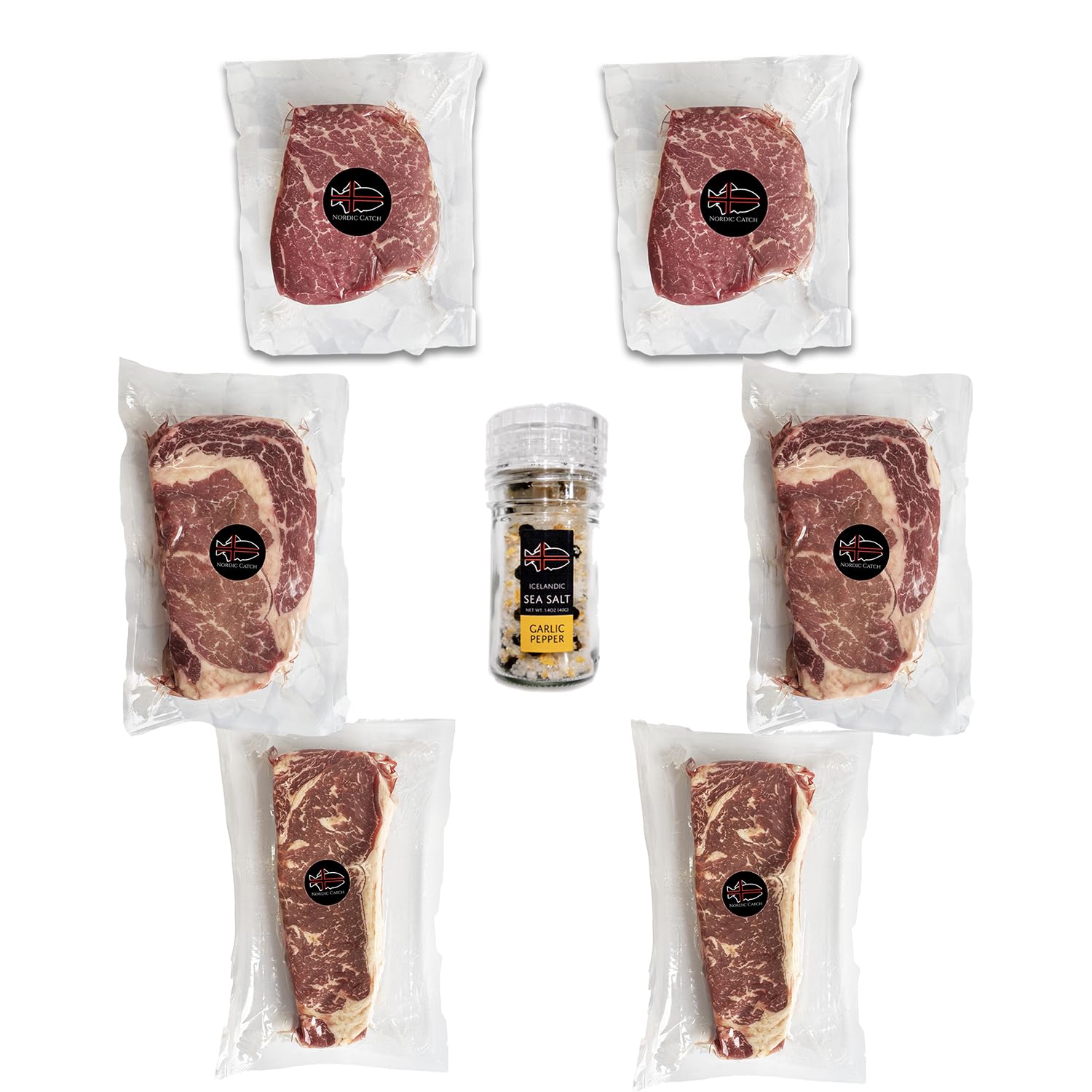 Grass Fed Natural Black Angus USDA Prime Steaks Bundle with Sea Salt - 6 Steaks - (2x16oz) Ribeye, (2x14oz) New York Strip, (2x8oz) Filet Mignon Steak, Garlic Pepper Sea Salt