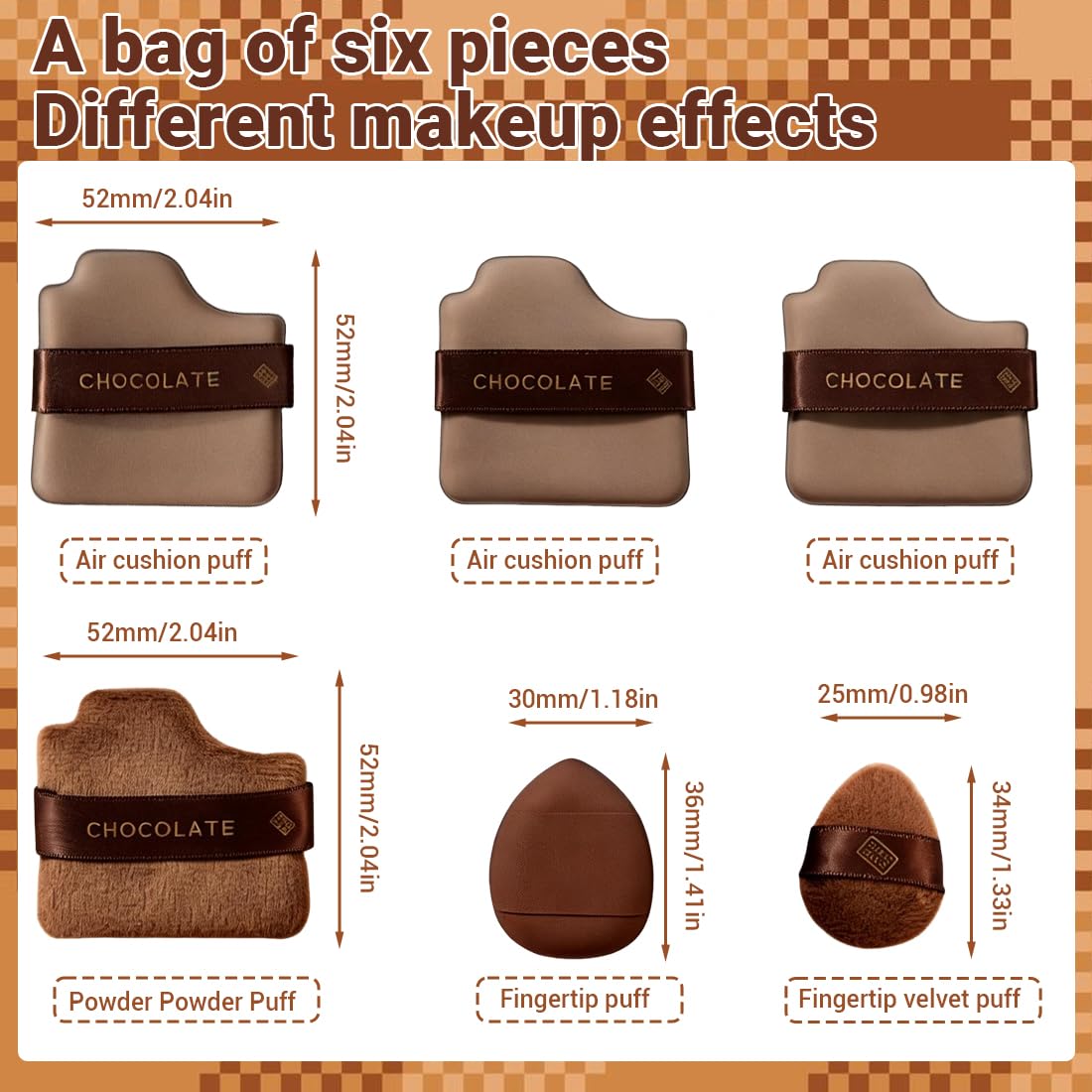 Piumini da Cipria, 6 pezzi, Chocolate powder puff, Wet and Dry Foundation Sponge Cushion Puffs, Tamponi per Cipria, Adatto per Cipria, Fondotinta, Blending, Concealer, per il Corpo Morbido