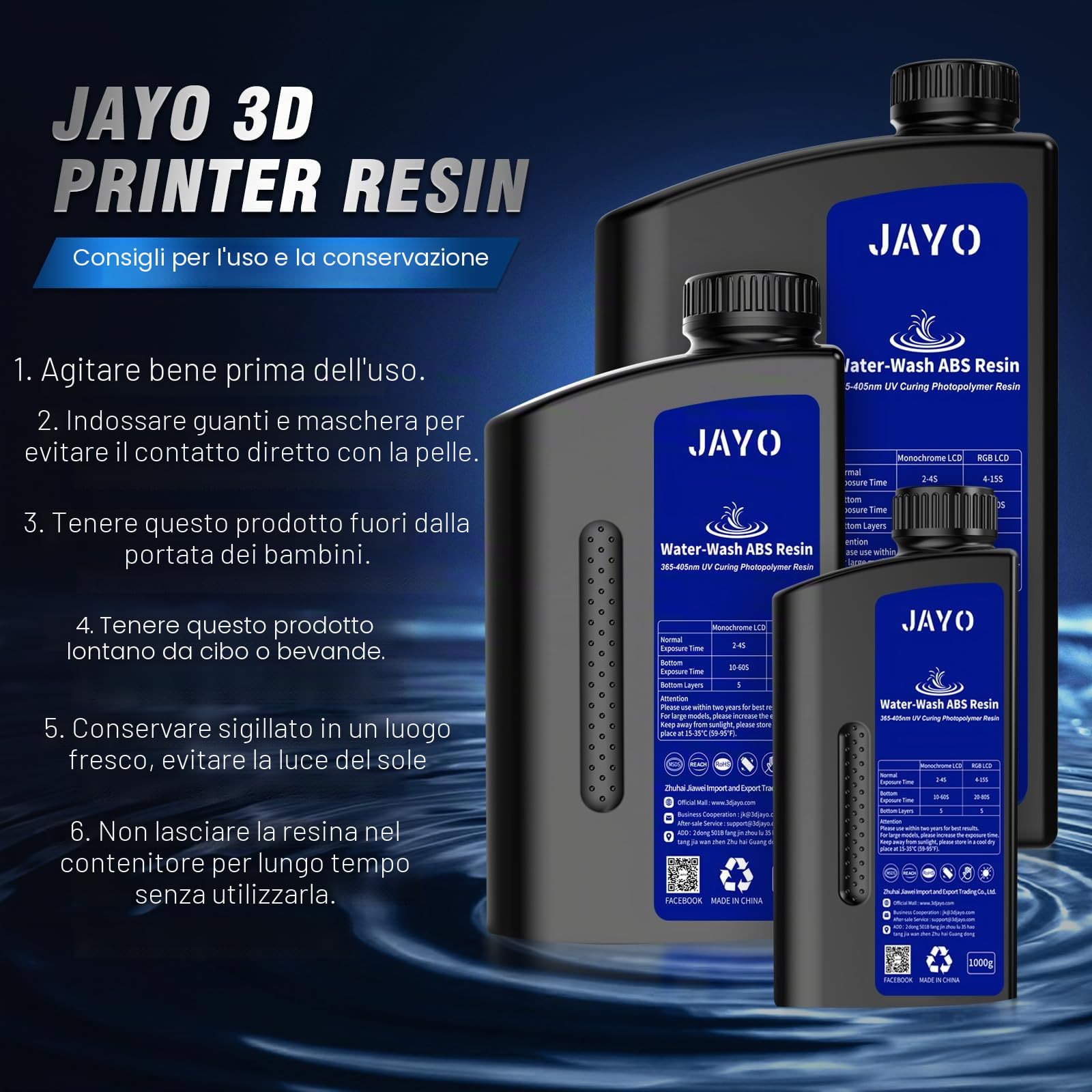 JAYO Resina Lavabile in Acqua ABS-Like 3KG, Resina per Stampante 3D 405nm UV Standard Resina Fotopolimerica Rapida per Stampante 3D LCD/DLP/SLA, Alta Precisione, Non Fragile, Basso Odore, Grigio Scuro