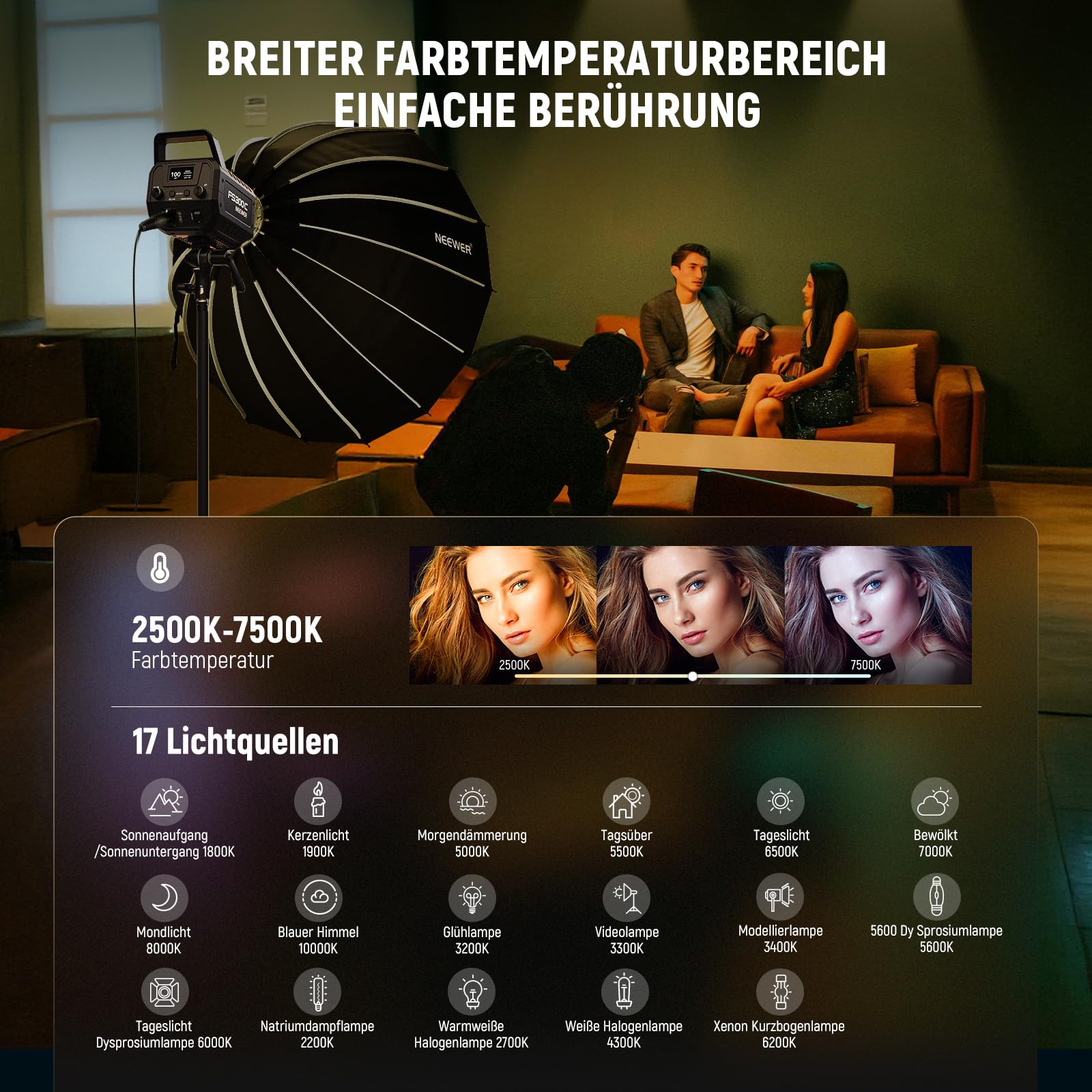 NEEWER 300W RGB LED Videolicht mit APP/2.4G Steuerung, 17 Effekte, 2500K-7500K 29000lux/1m COB Dauerlicht, CRI95+/TLCI97+ Bowens Mount für Studiofotografie und Videoaufnahmen, FS300C