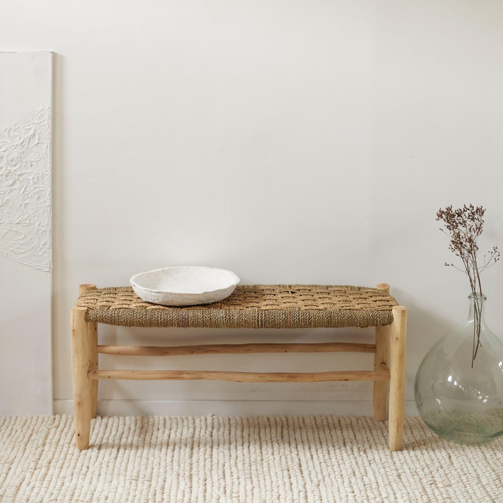 Home Maison - Banc marocain doum tressage Central Bois Naturel 100 x 35 x 35 cm