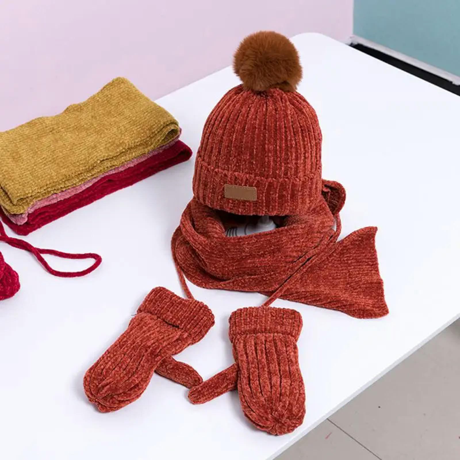 Zonto wintermütze Kinder 3 In 1 Kinder Winter Gestrickte Warme Pom Pom Beanie Hut Schal Handschuhe Set
