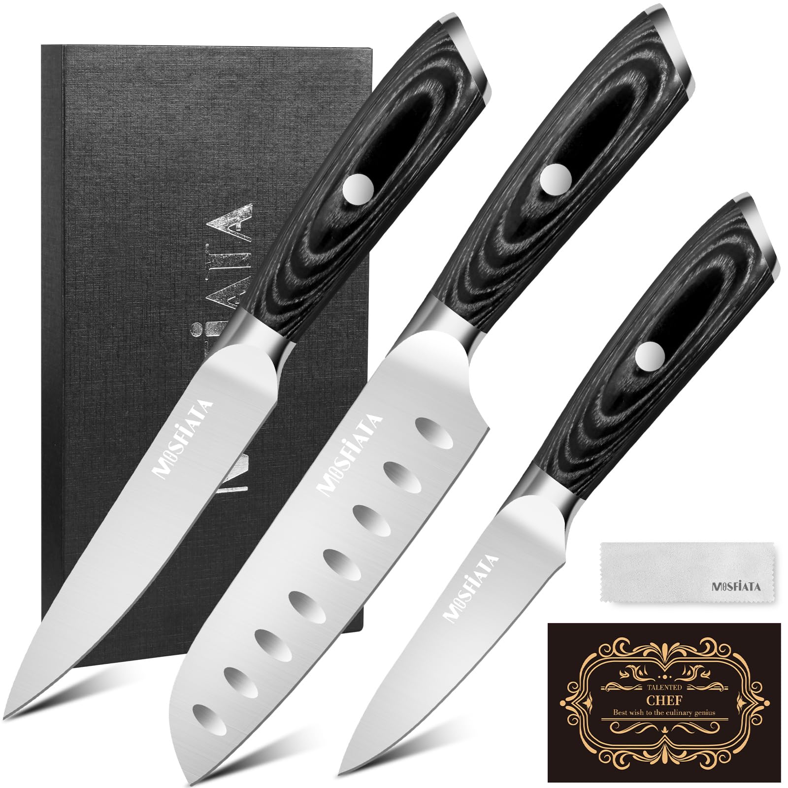 MOSFiATA Küchenmesser Set 3pcs-13 cm Allzweckmesser,13 cm Santoku Messer, 9 cm Schälmesser, Kochmesser Set aus Hochwertigem EN1.4116 Stahl, in Geschenkverpackung