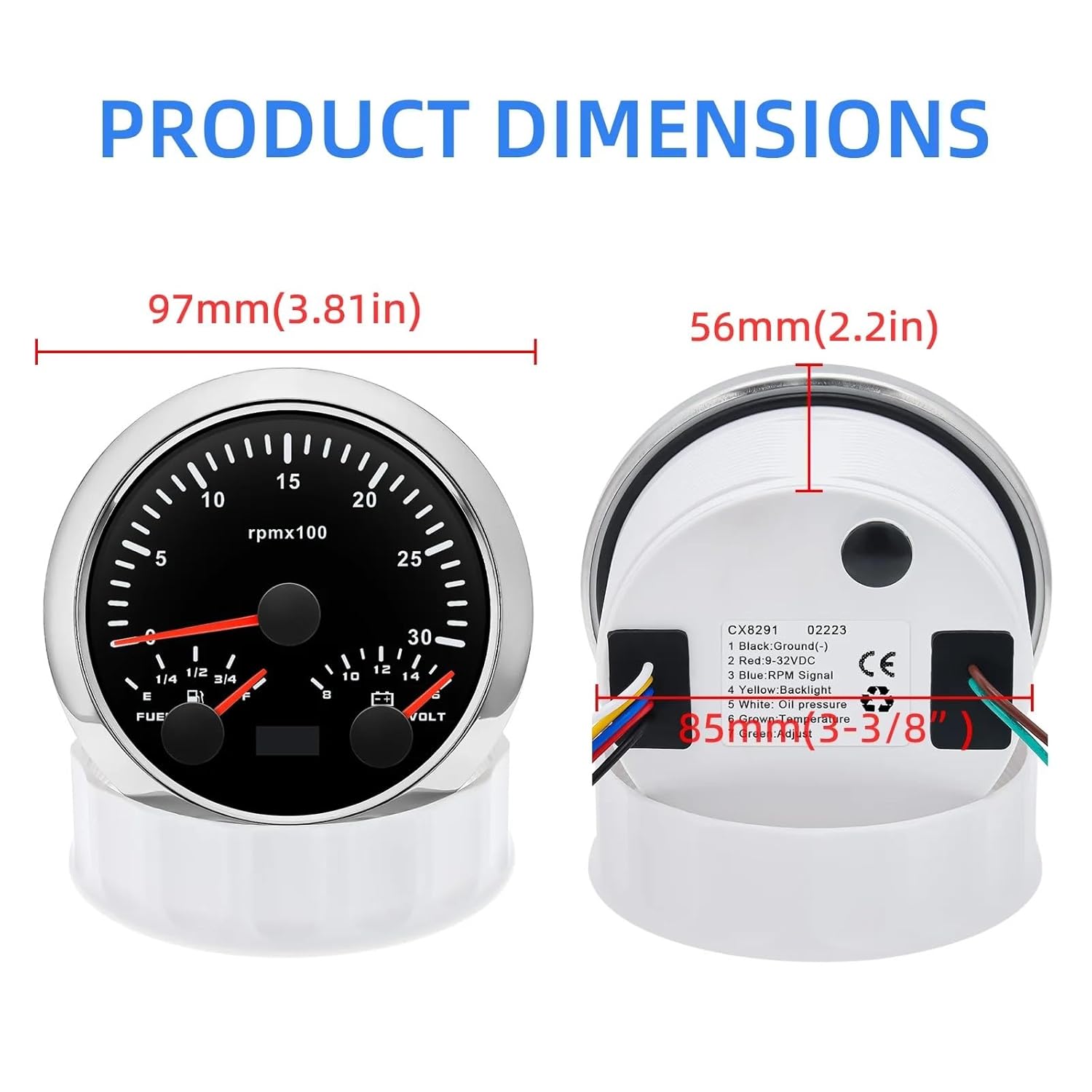 Boat Car 3 in 1 85mm Gauge 7 Color Light 3000/6000/8000RPM Tachometer Fuel Gauge 0-190Ω 240-33Ω Voltmeter Voltage Gauges 8-16V(275mm 0-190ohm)