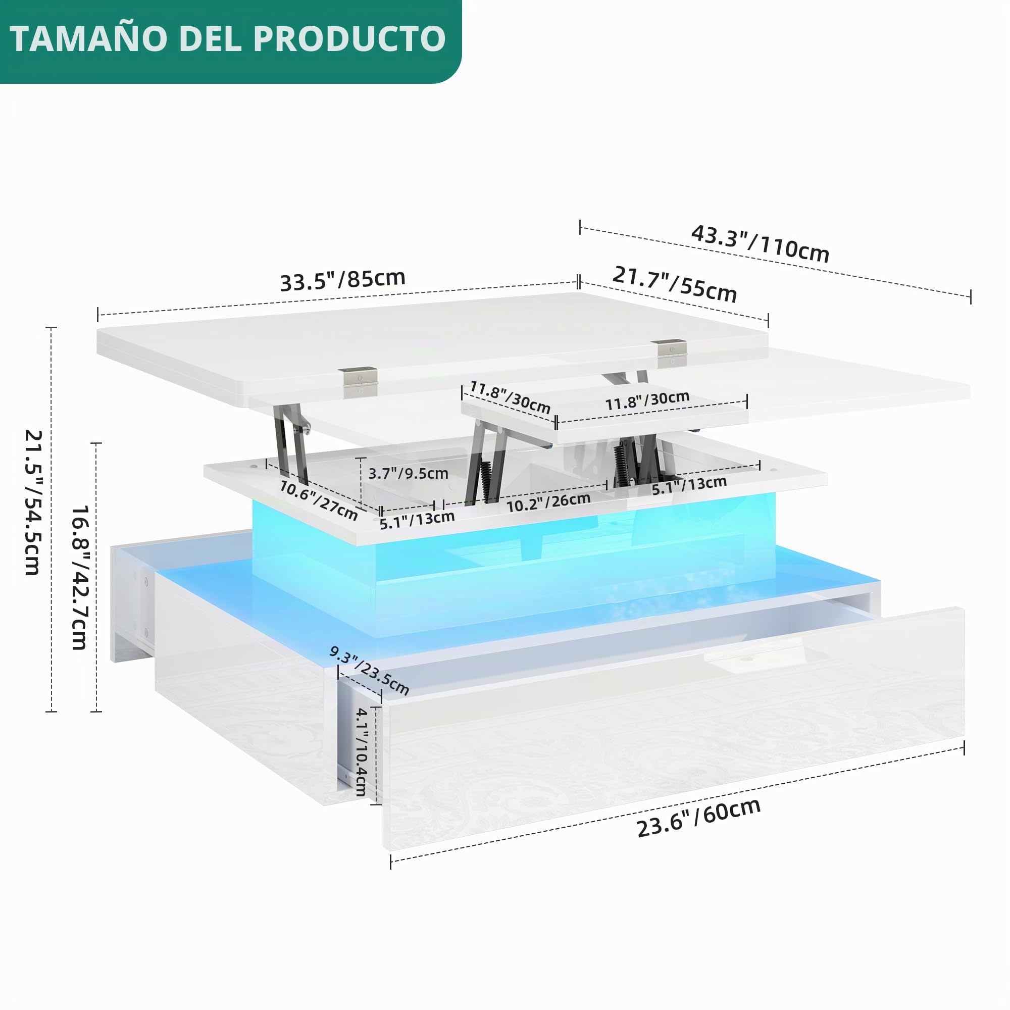 YITAHOME Mesa de Centro Elevable y Extensible, 4 en 1 Mesa Centro Convertible Brillante Moderna con LED Y 2 Cajones, Adecuado para Salon de Estar y Fiestas de Mesa