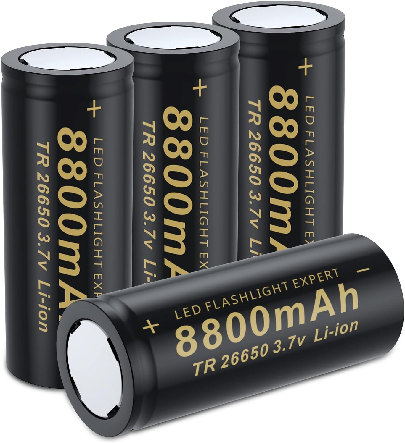 4 Pack 26650 Rechargeable Battery 3.7V Lithium Polymer Ion Upgrade Capacity 8800 mAh Batteries for Lighting, Flashlights, Headlamp, Remote Control and More (Flat Top)