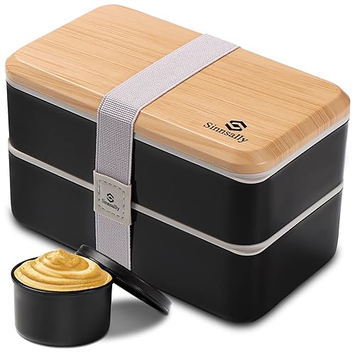 Sinnsally 1400ML Bento Box Lunch Boxes, Stackable Bento Lunch Box for Adults,Leak-Proof Lunch Container with Compartments,Japanese Style Lunchbox with Sauce Pot Cutlery Set,Microwaveable Safe - Black