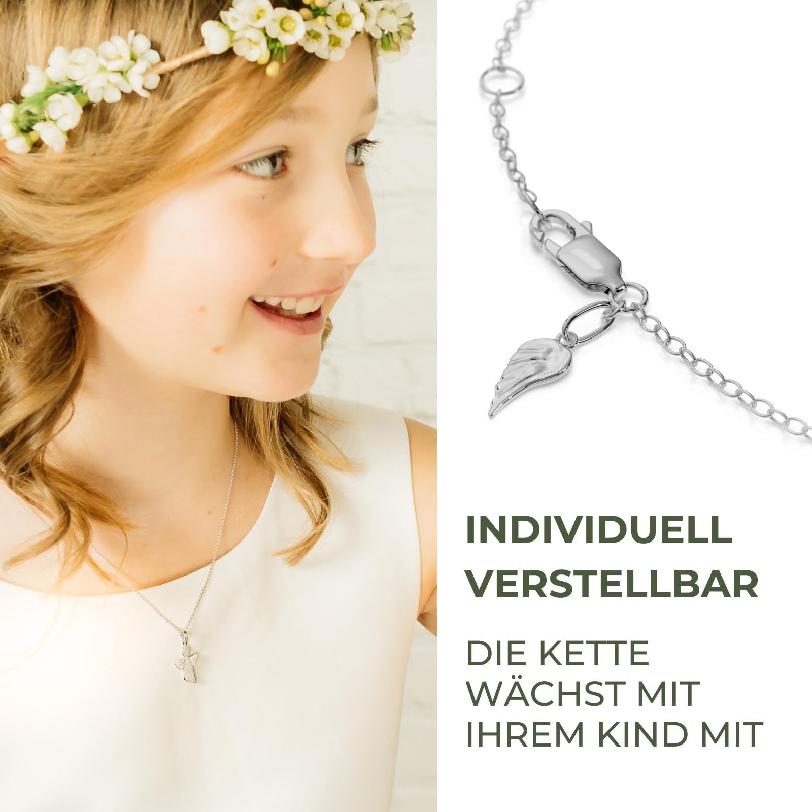 Amoonìc Schutzengel Kette Mädchen Kommunion Silber 925, Geschenk zur Taufe | Erstkommunion Konfirmation Taufkette, personalisierte Halskette mit Engel-Anhänger Engel Kettenanhänger für Kinder mit Gravur