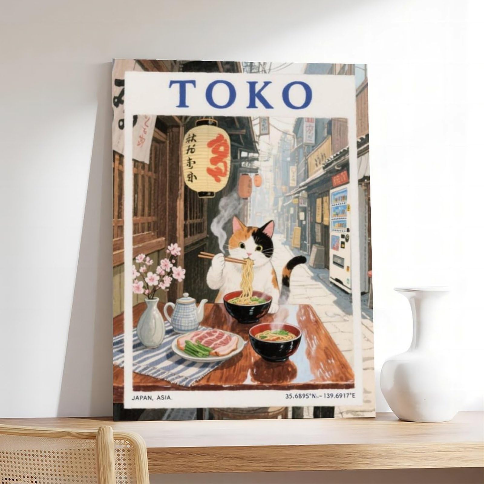 QIOTBVV Bedrucktes Poster mit Katze und Nudeln, Motiv: Tokio Straßenszene, Atmosphäre, Leinwand-Poster, Wandkunst, Dekor, Bild, Gemälde für Wohnzimmer, Schlafzimmer, Dekoration, 61 x 91,4 cm (L x B)
