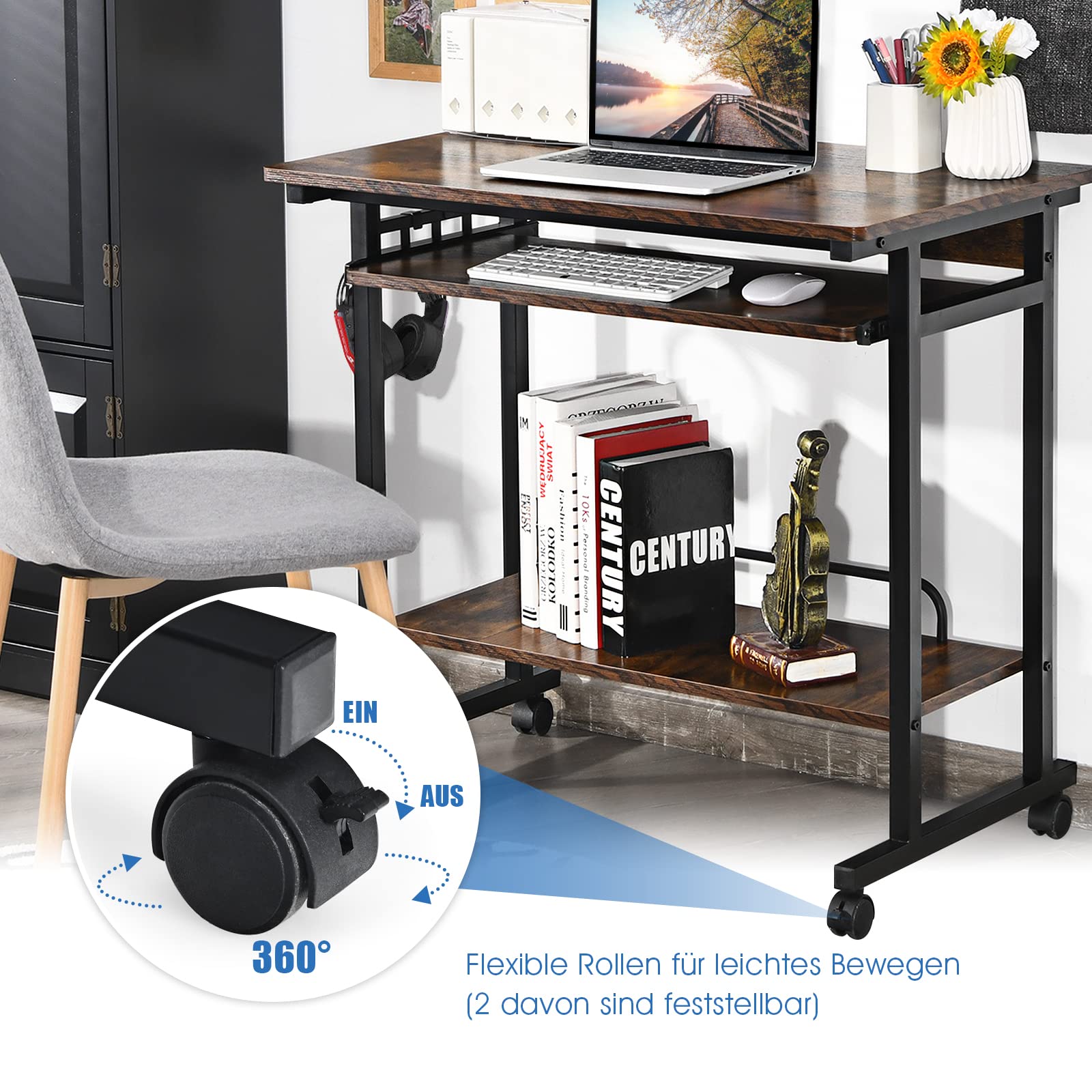 COSTWAY Bureau met wieltjes, toetsenbordplank, ruimtebesparende computertafel, pc-tafel met legplank onder en haken, industriële laptoptafel voor thuiskantoor (wit
