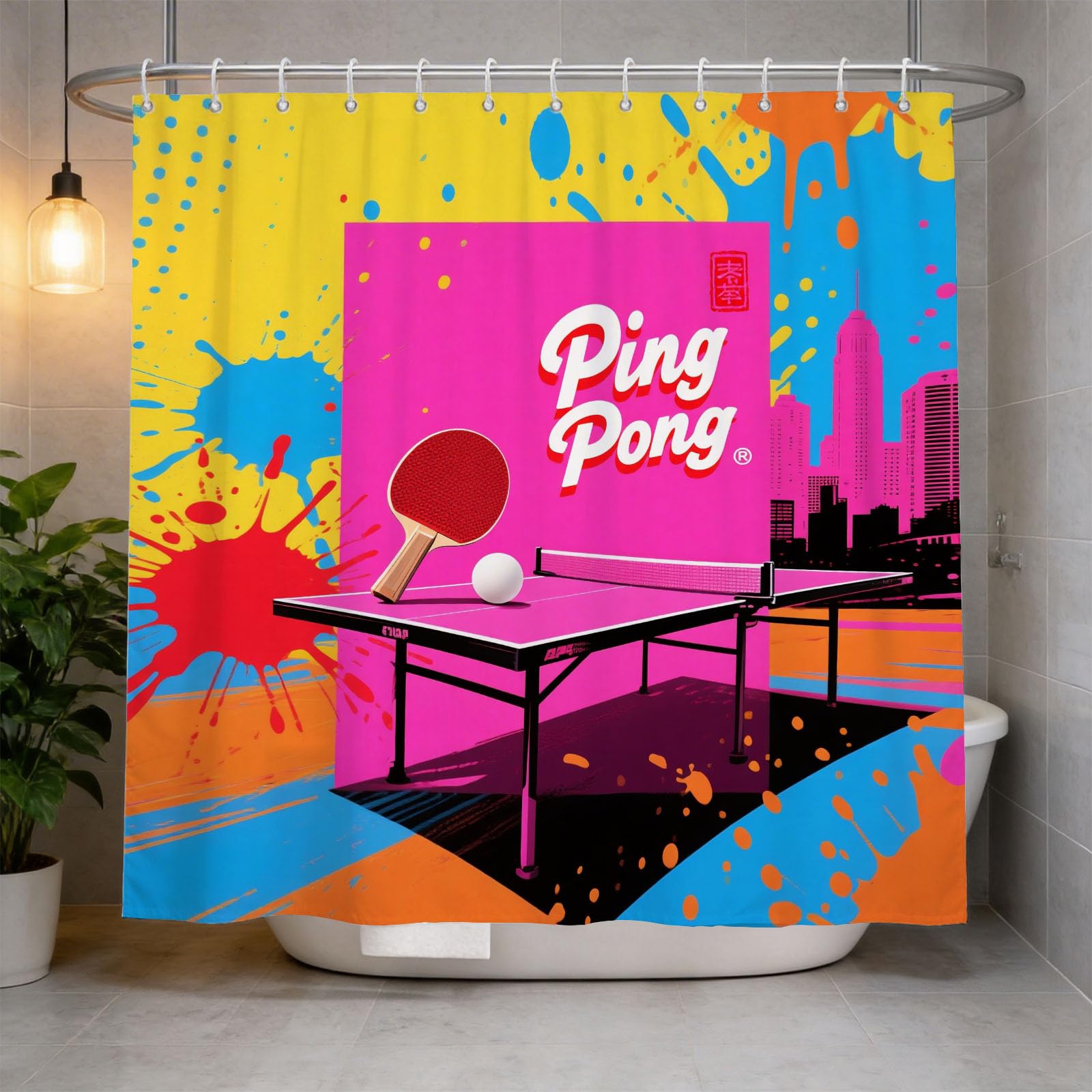 Hongduo 3D Pingpong Shower Curtain for Stalls Bathtubs Watercolor Ink Bathroom Decor Shower Curtain Set Polyester Fabric Waterproof 120x180cm/48X71 Inch with Hooks