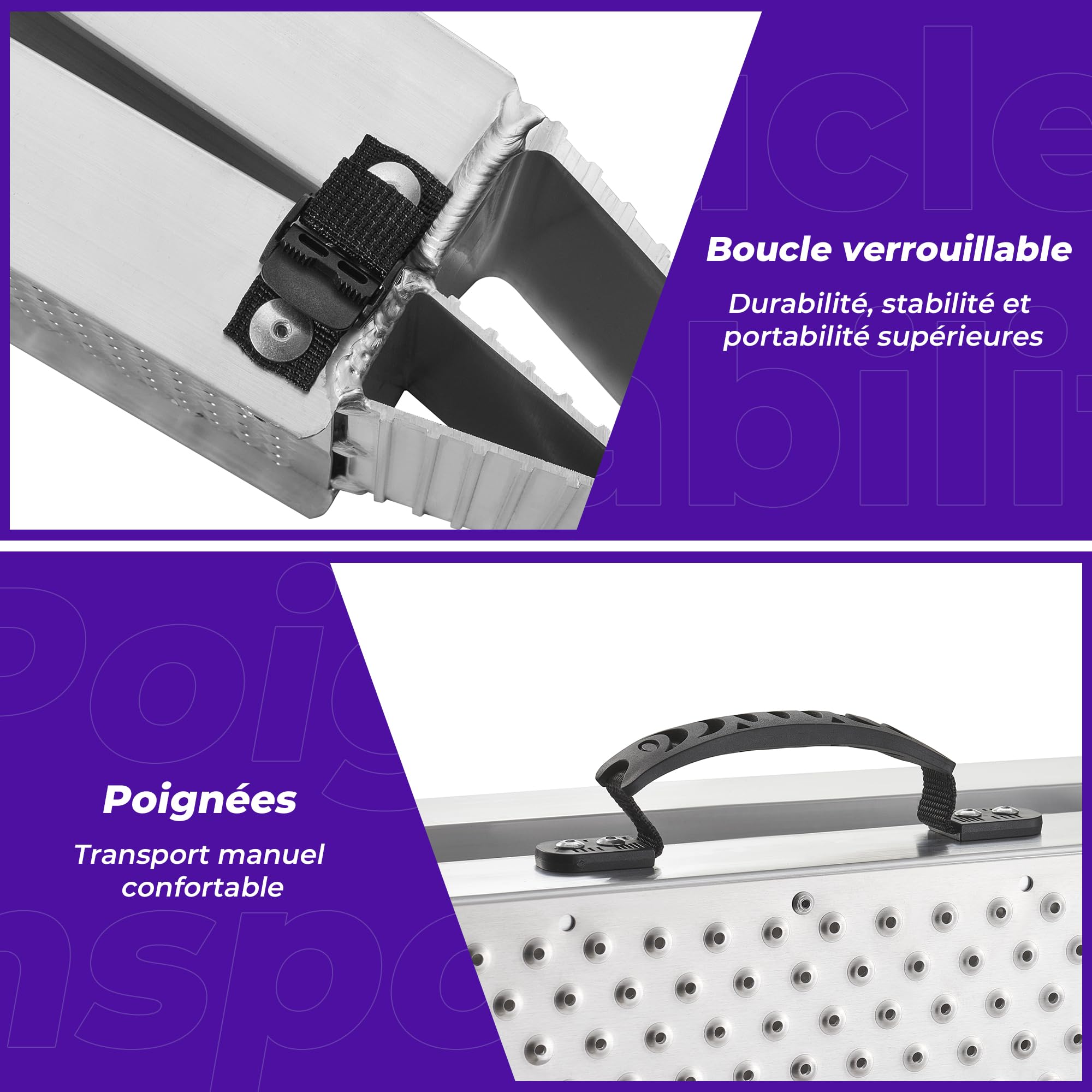 FACHNUO Rampe Pliable en Aluminium Renforcée 228x28cm, Capacité de Charge 680 kg pour Moto, Quad, Camion - Poignée Transportable, Surface Anti-Dérapante, Gain de Place (1 Paire, Argent)
