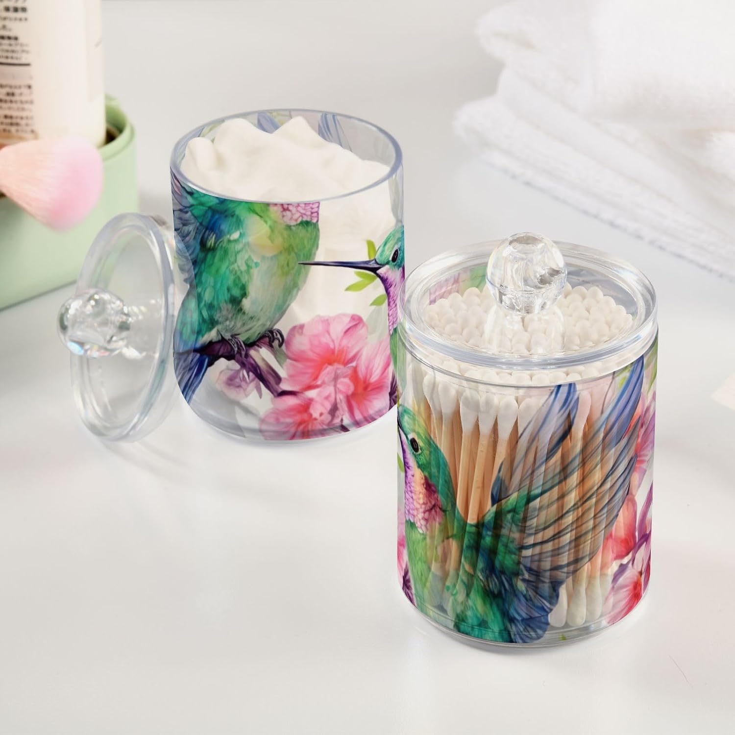 Hummingbirds Qtip Holder 2 Pack - 10 Oz Clear Plastic Apothecary Jar Set for Bathroom Organization - Versatile Canister Storage for Cotton Balls, Swabs, Rounds
