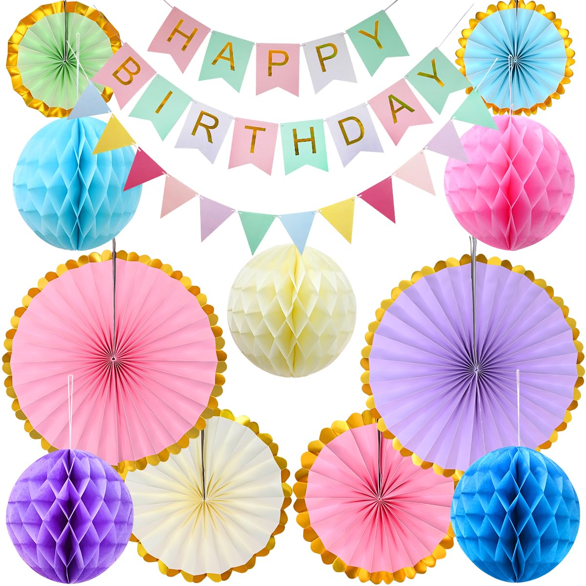 Joyeah Décorations de fête d'anniversaire pastel, éventails en papier à