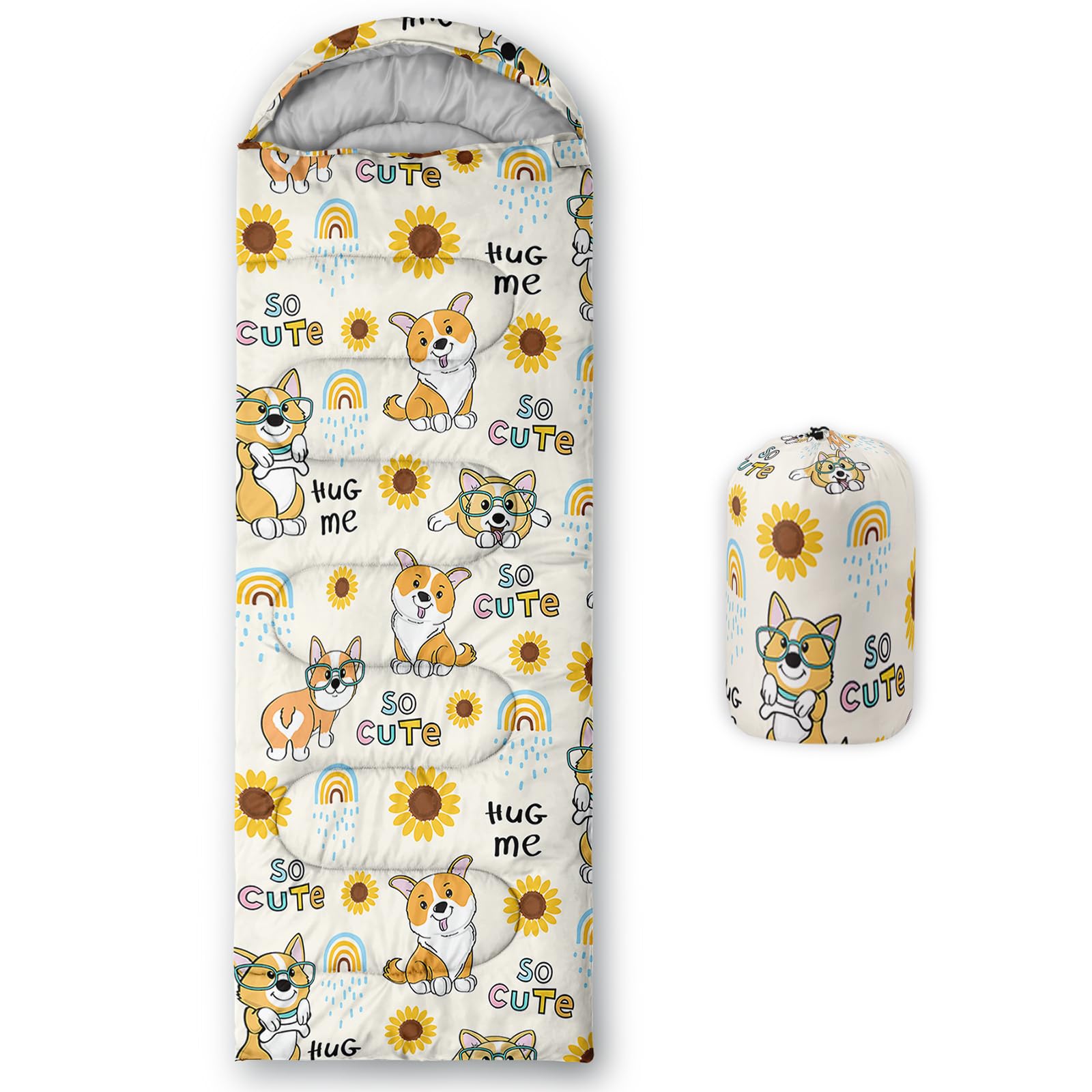 XYNHML Kawaii Dog Pattern Camping Sleeping Bags Warm & Cool Weather Waterproof Backpacking Yellow Sunflower Sleeping Bag All Seasons Camping, for Adult Kids Boy Girls Camping Gear Equipment, Traveling