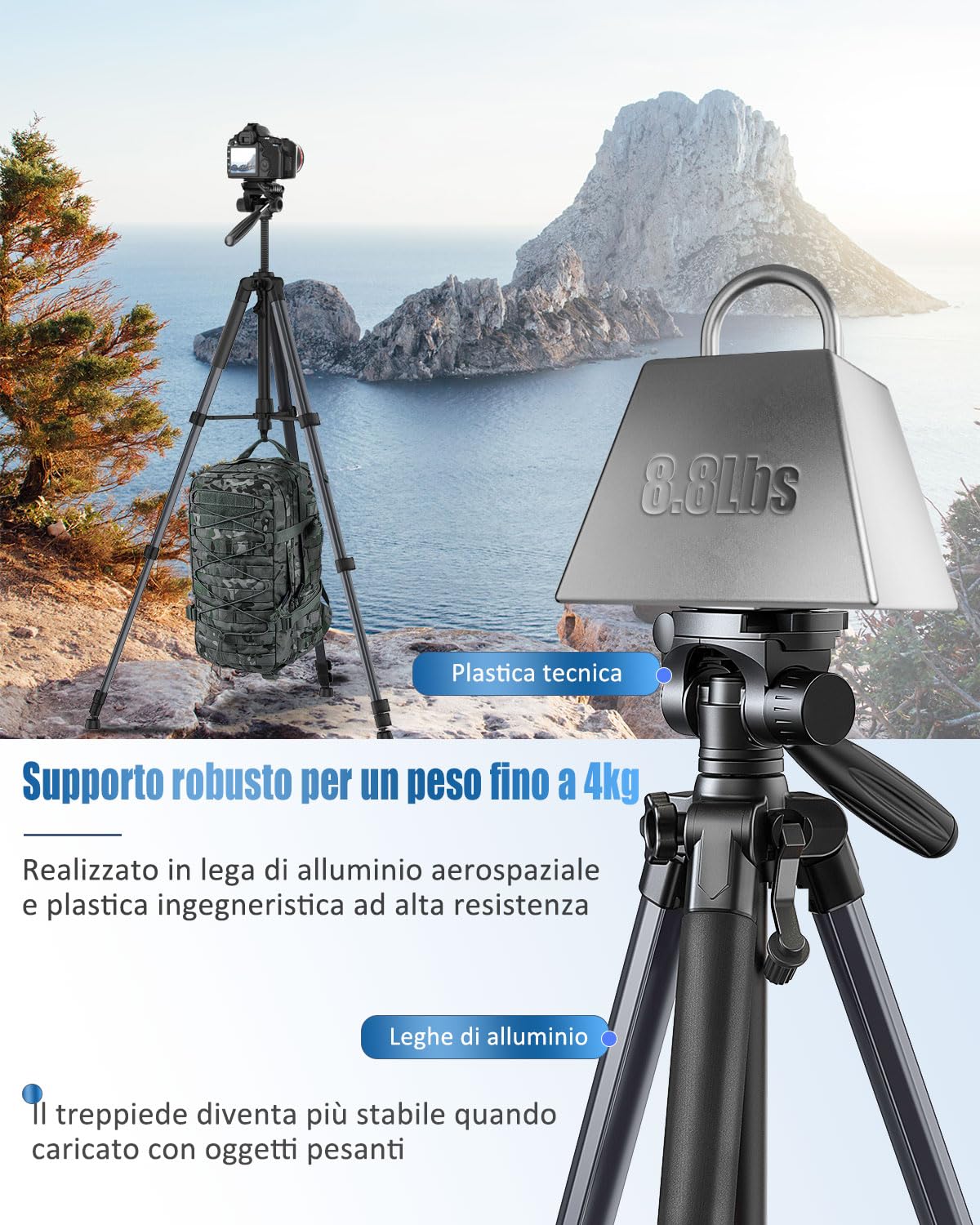 POLAM-FOTO Treppiede per fotocamera da 188 cm, treppiede Porfessional in alluminio resistente, treppiede compatto con borsa per il trasporto, con supporto per telefono grigio