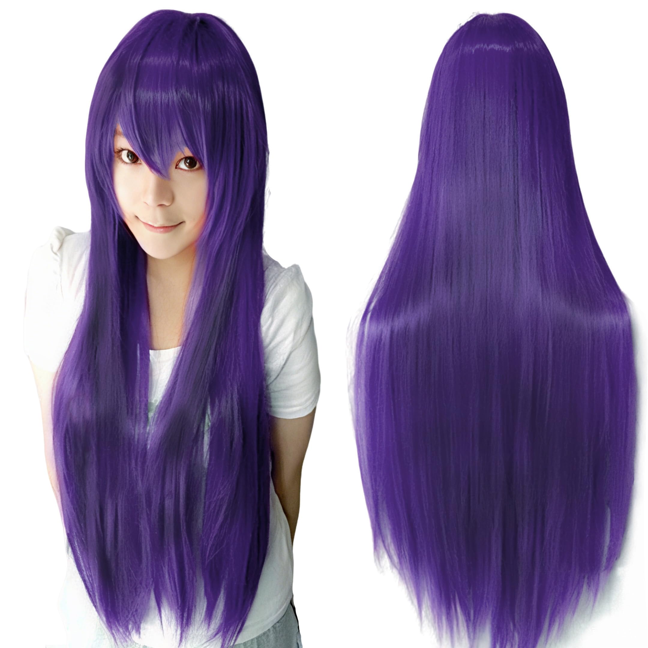 IMISSU 80cm Long Straight Natural Hair Cosplay Wigs with Bangs Colorful Halloween Costume Party Wig for Women (Dark Purple)