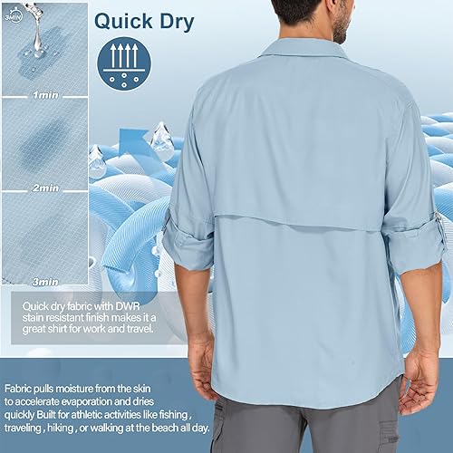 Miniatura 2 de Camisas de safari para hombre, manga larga, protección UV, senderismo, pesca, UPF 50+, secado rápido, camisas de viaje para campamento