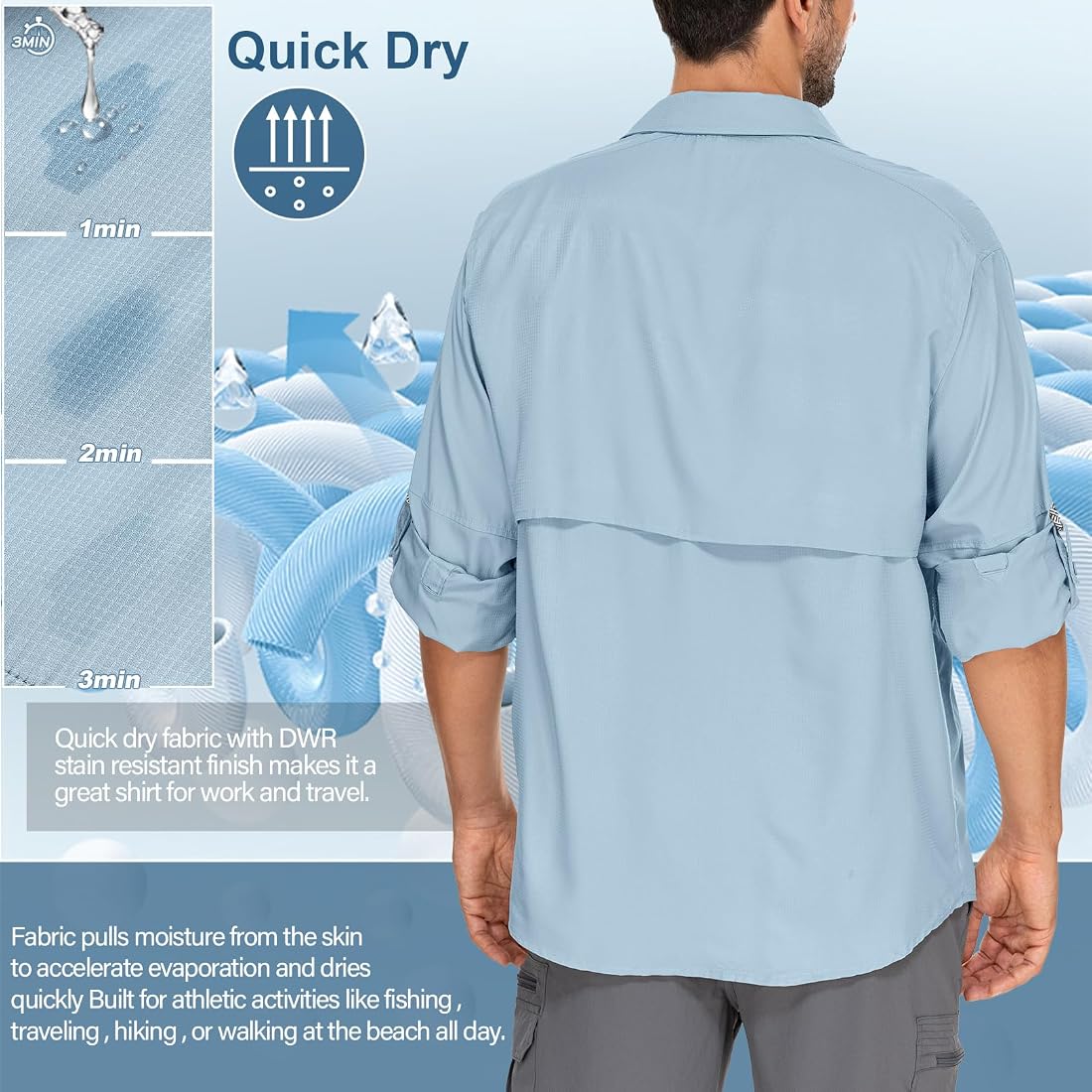 Anteef Men's UPF 50+ Long Sleeve Sun Shirt - Quick Dry, Breathable Fishing & Hiking Shirt With Roll-Up Sleeves
