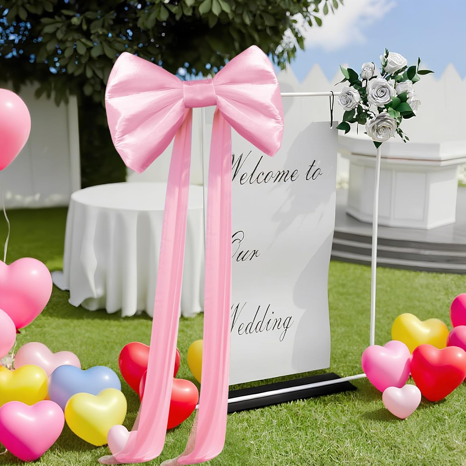 Giant Pink Bow Decoration, Big Bows Themed 78.7x31.4 Inch with Heart-shaped Balloon, Bow Wall Decor, Large Bows Decorative for Wedding Engagement Bachelorette Baby Shower Coquette Birthday Party