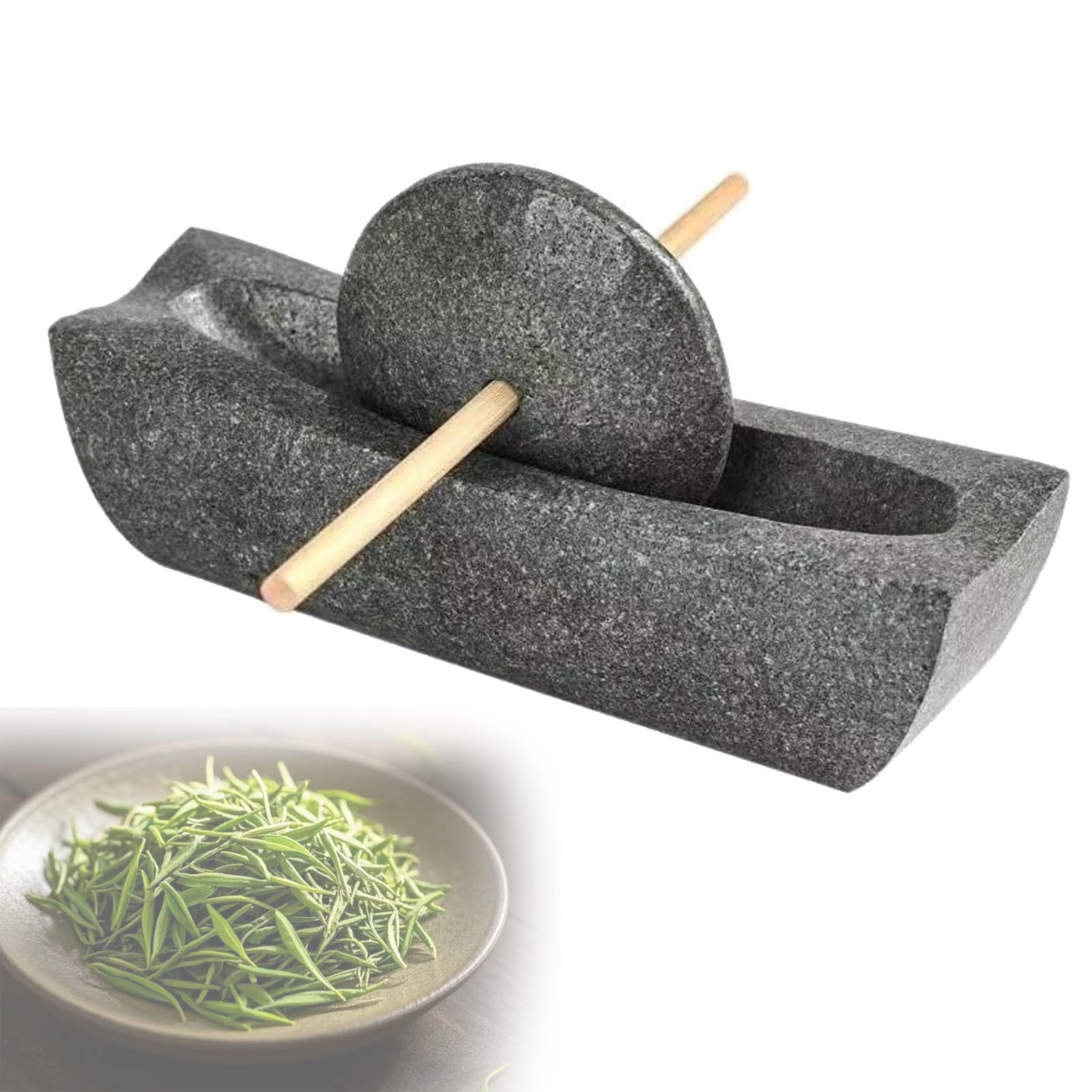Mortero De Piedra Azul De 20 Cm, Con Mango De Madera Maciza, Fácil De Limpiar, Fabricado En Piedra Natural, Ideal Para La Producción De Té Matcha En Polvo, Tortas De Té Y Molienda De Granos De