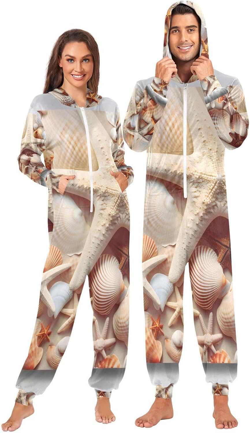 ALAZA Ocean Nautical Coastal Starfish Beach Adult Onesie Pajamas for Unisex Novelty One Piece Costume Sleepwear