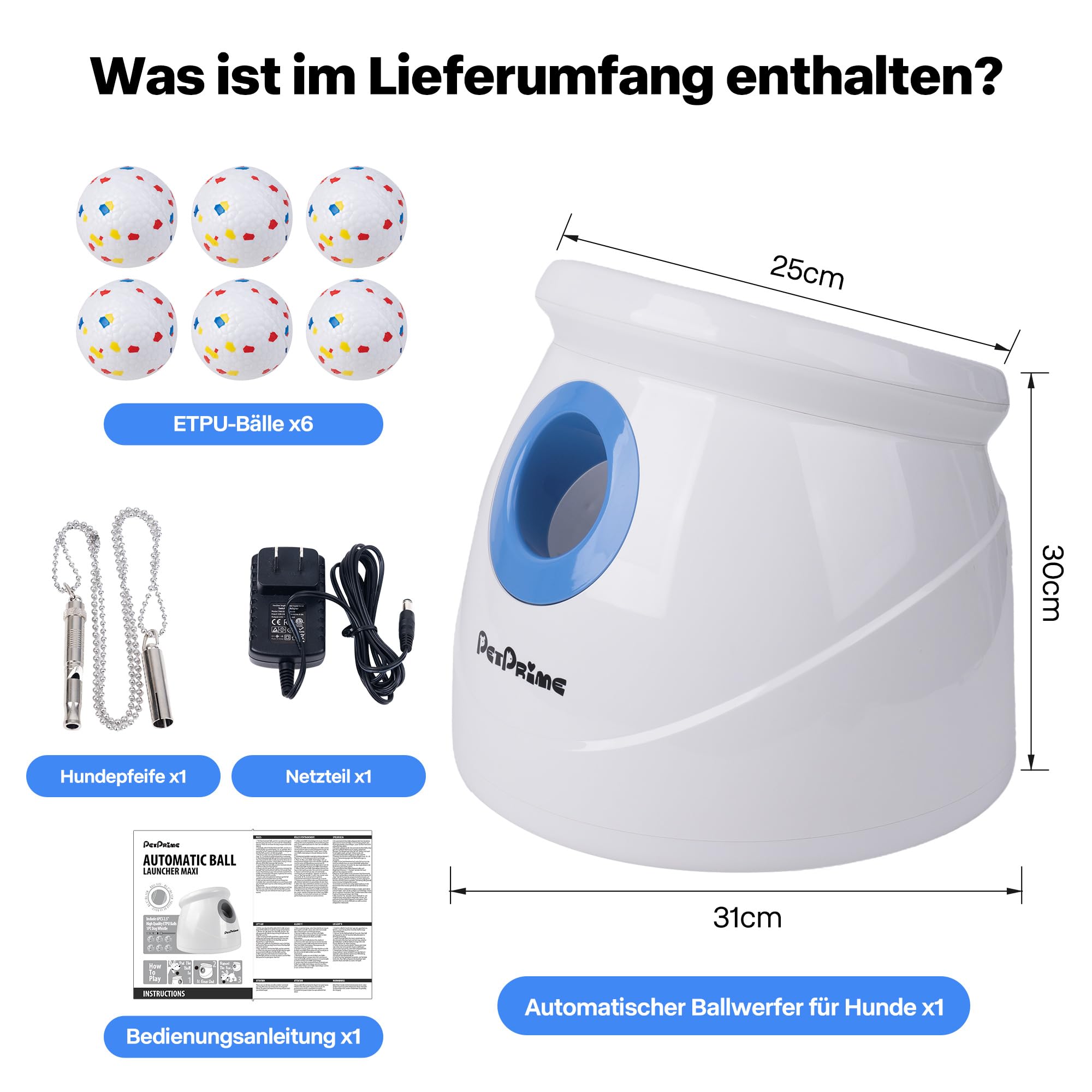 Pet Prime Upgrade Groß Automatischer Ballwerfer für Hunde, interaktives Ballwurfmaschine für große Hunde mit Reichweite von 3 bis 20 Metern, mit 6X 6,35cm ETPU-Bällen und Trainingspfeife