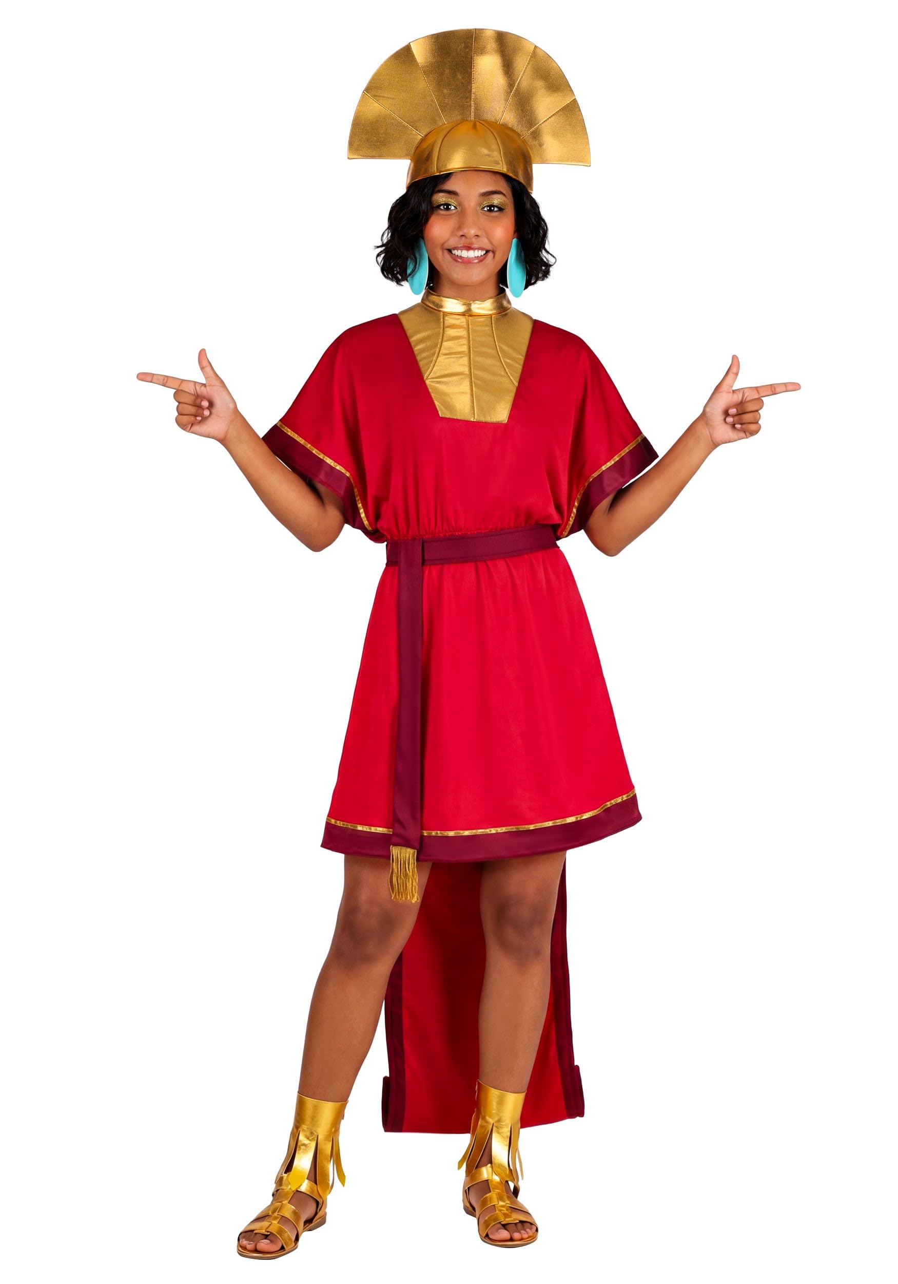 Womens Deluxe Disney Kuzco Costume with Dress, Poncho, Belt, Ankle Cuffs, Earrings, and Hat for Adult Cosplay Medium