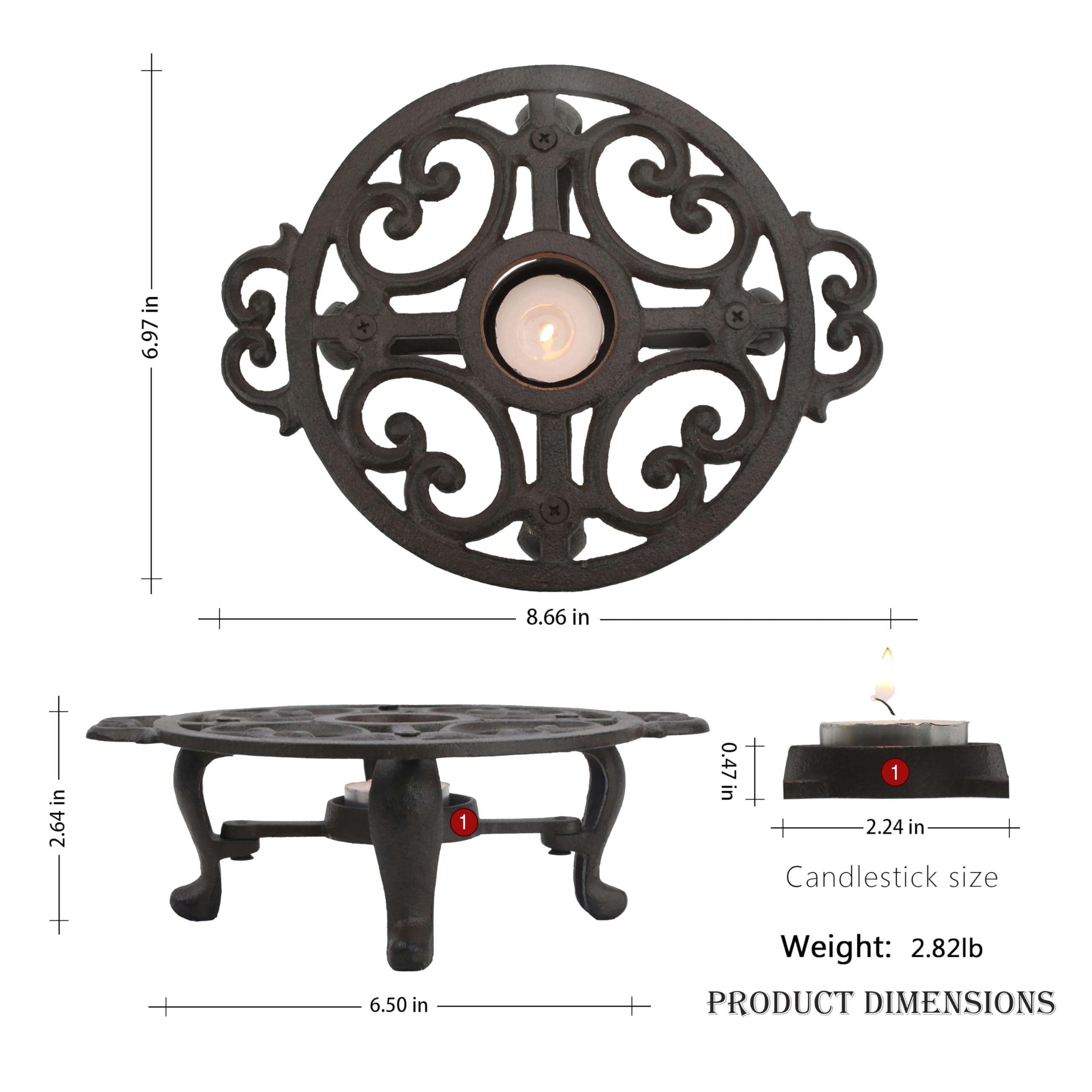 Calentador de tetera de hierro fundido, calentador de tetera duradero con soporte para velas para alimentos, café, té y más, elegante olla de hierro fundido para el hogar o el escritorio