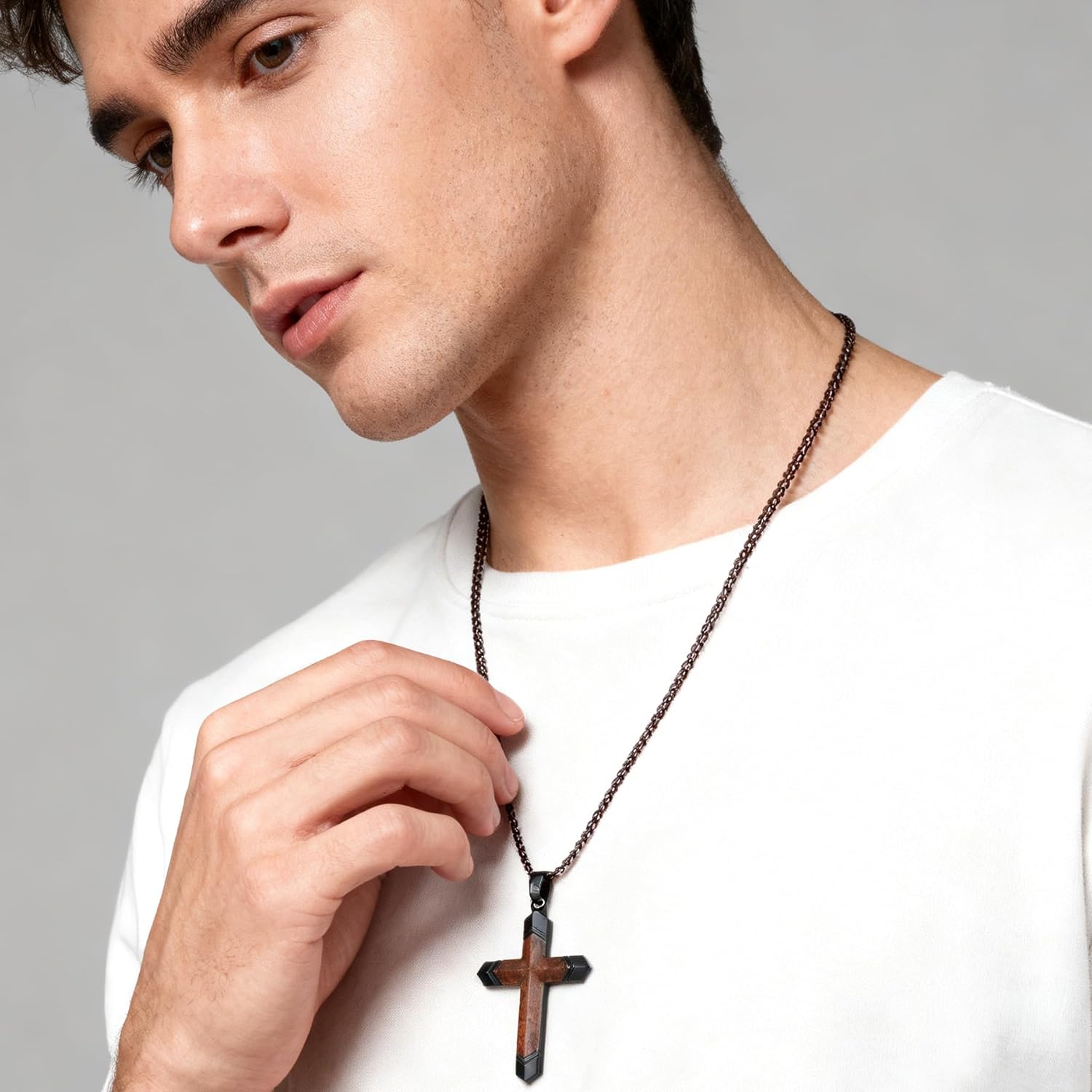 Cross Necklace for Men, Real Ebony Wooden Mens Cross Necklace Black Stainless Steel Christian Handmade Wood Pendant for Men, 24 Inch Box Chain - Image 5