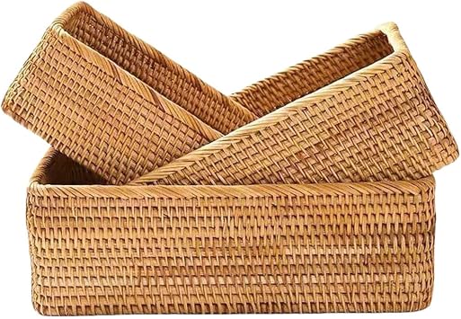 Rattan Storage Baskets, Wicker Baskets for Organizing, Hand Woven Decorative Box for Kitchen Counter, Living Room, Bathroom, Set of 3 Rectangular
